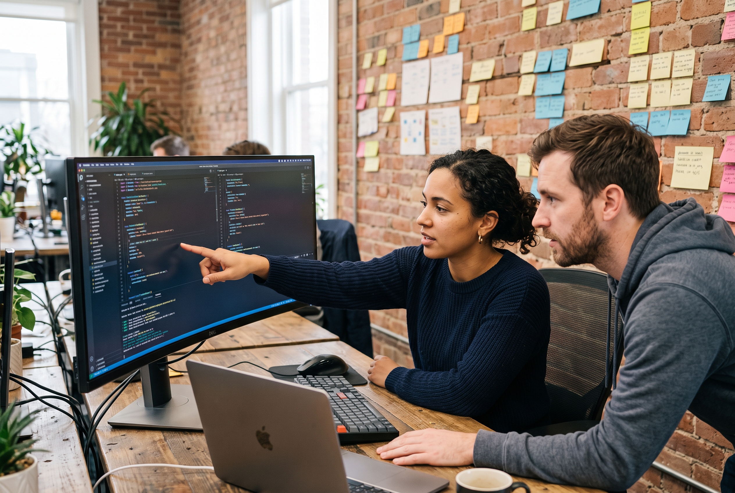 Two developers comparing code on a wide monitor in a modern office with sticky notes on the wall behind them