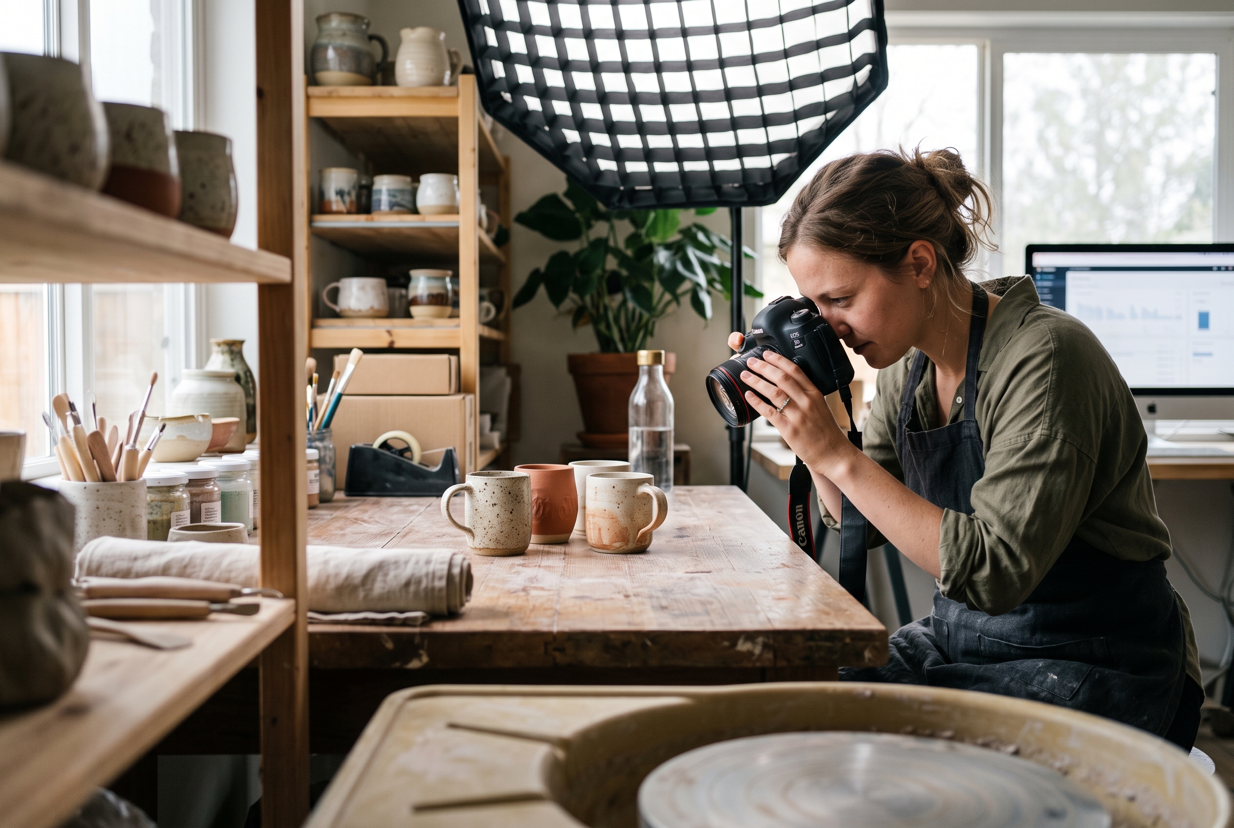 Small business owner photographing handmade ceramic mugs on a wooden table under a softbox light in a home studio