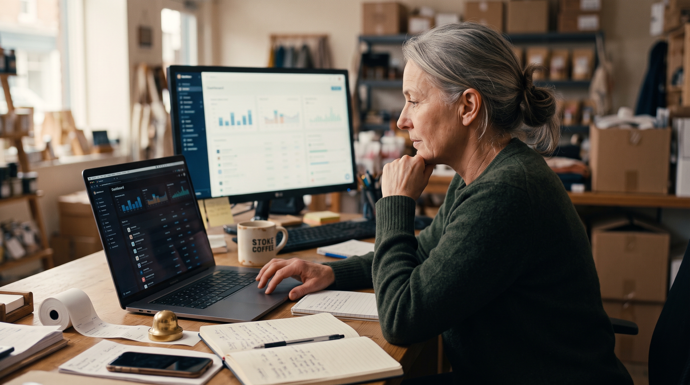 Store owner reviewing a list of installed apps on a laptop at a cluttered desk with coffee and notebooks