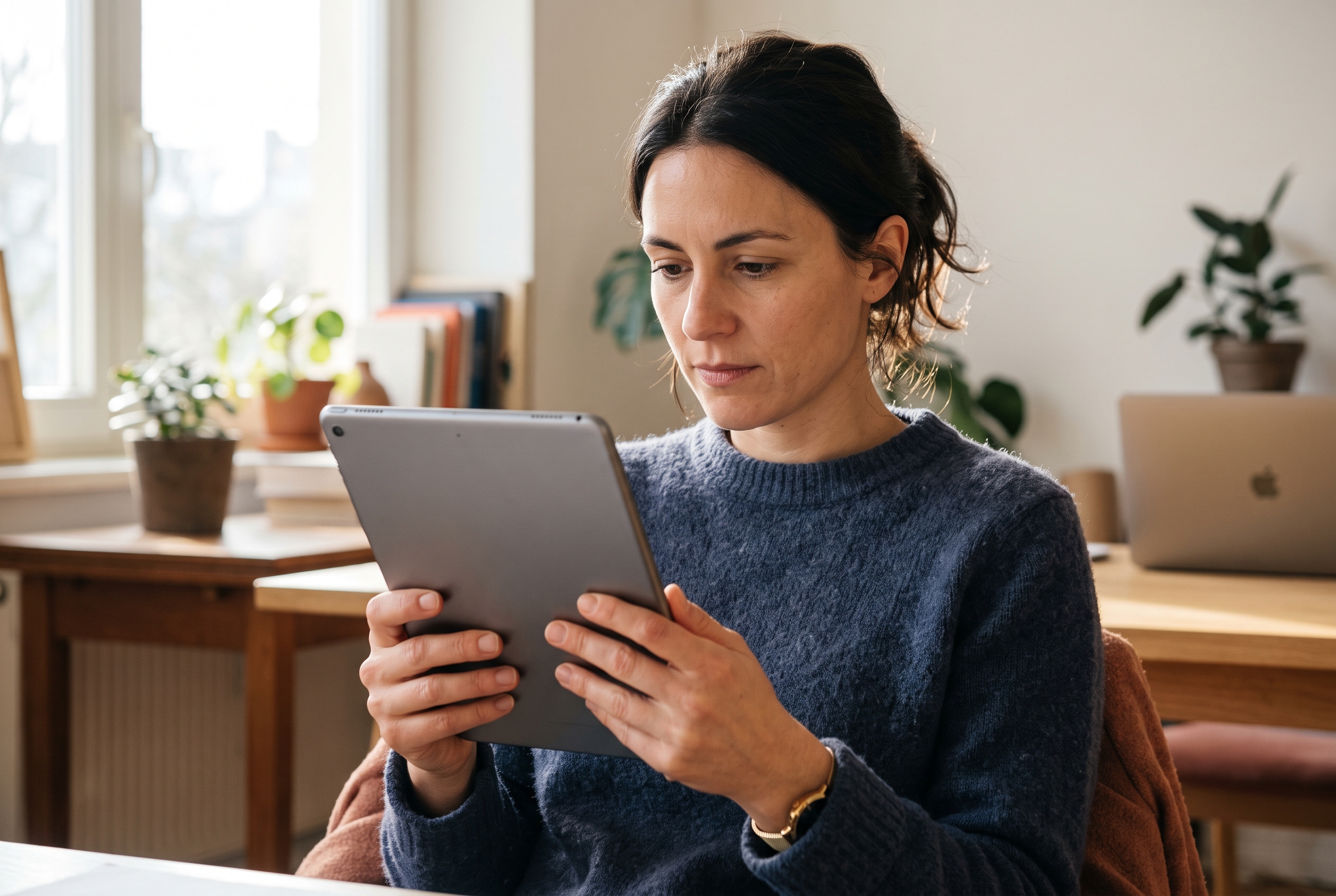 Close-up of a merchant reading an app permissions screen on a tablet held in both hands near a window