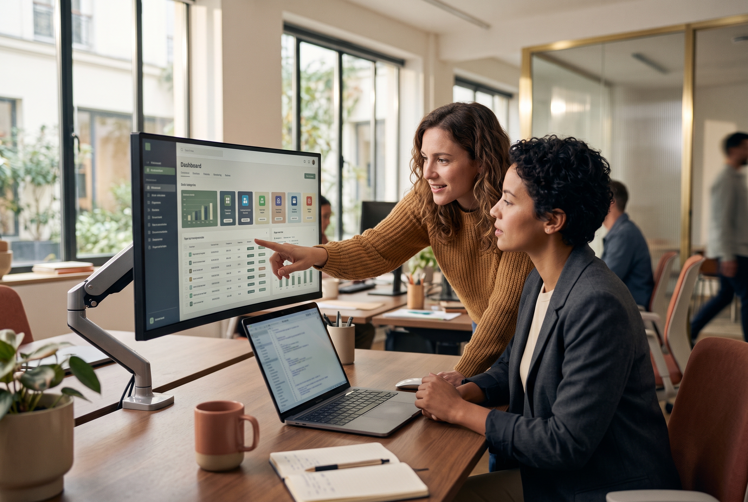 Two colleagues comparing a spreadsheet of installed apps on a wide monitor in a bright office
