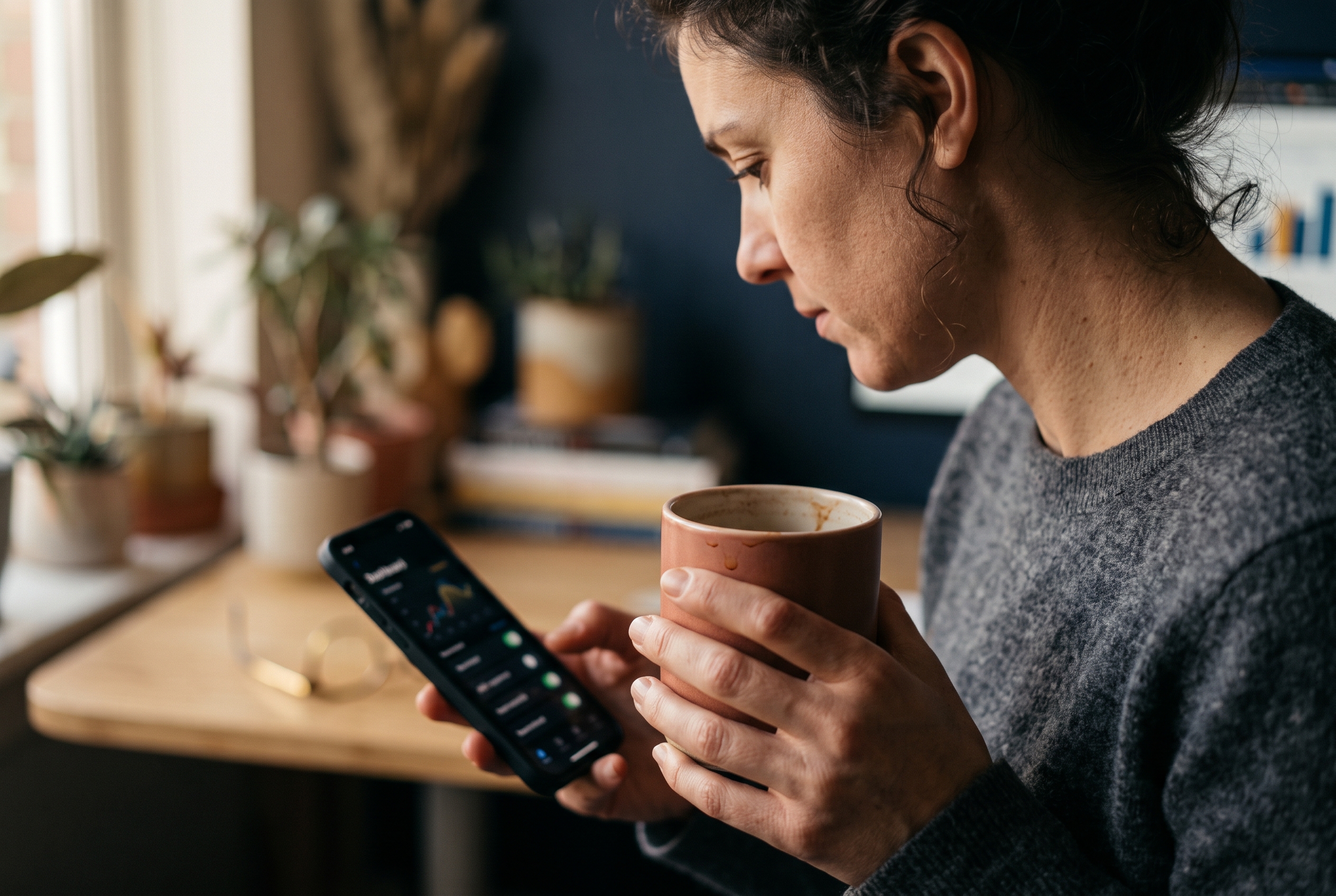 Founder checking store performance and security settings on a phone over morning coffee in a home office