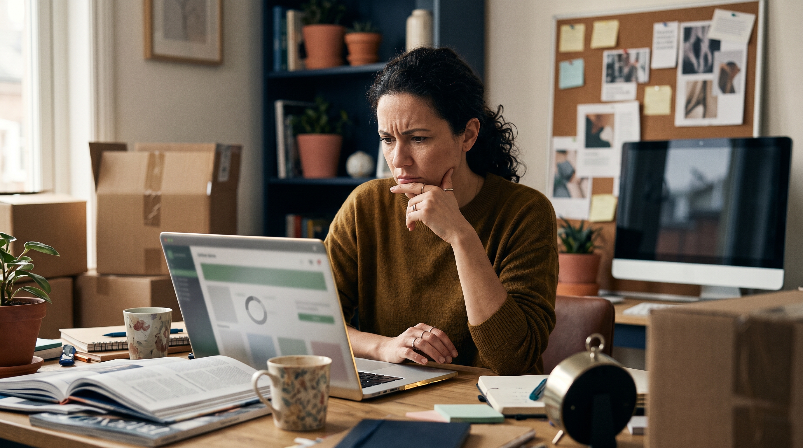 Online store owner frowning at a slow-loading product page on a laptop in a cluttered home office