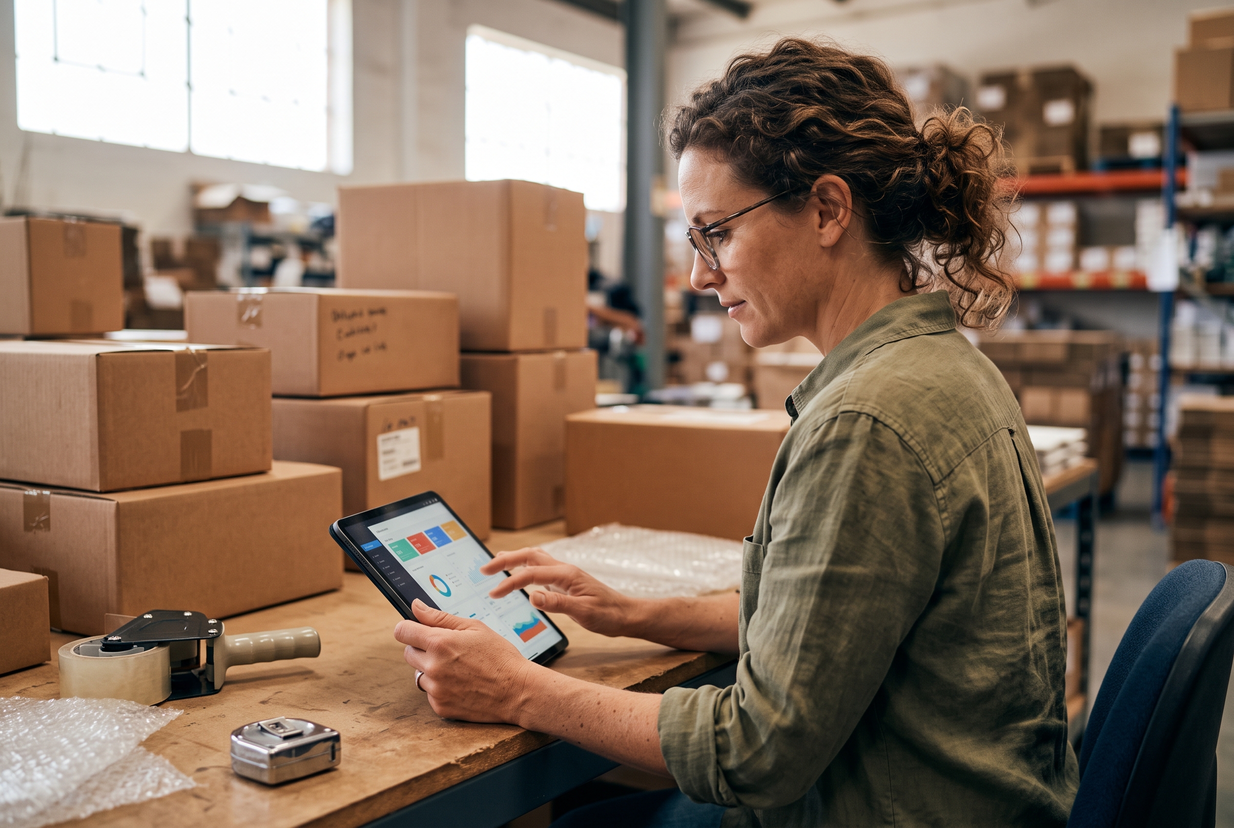 Small business owner reviewing sales analytics on a tablet at a warehouse packing station surrounded by shipping boxes