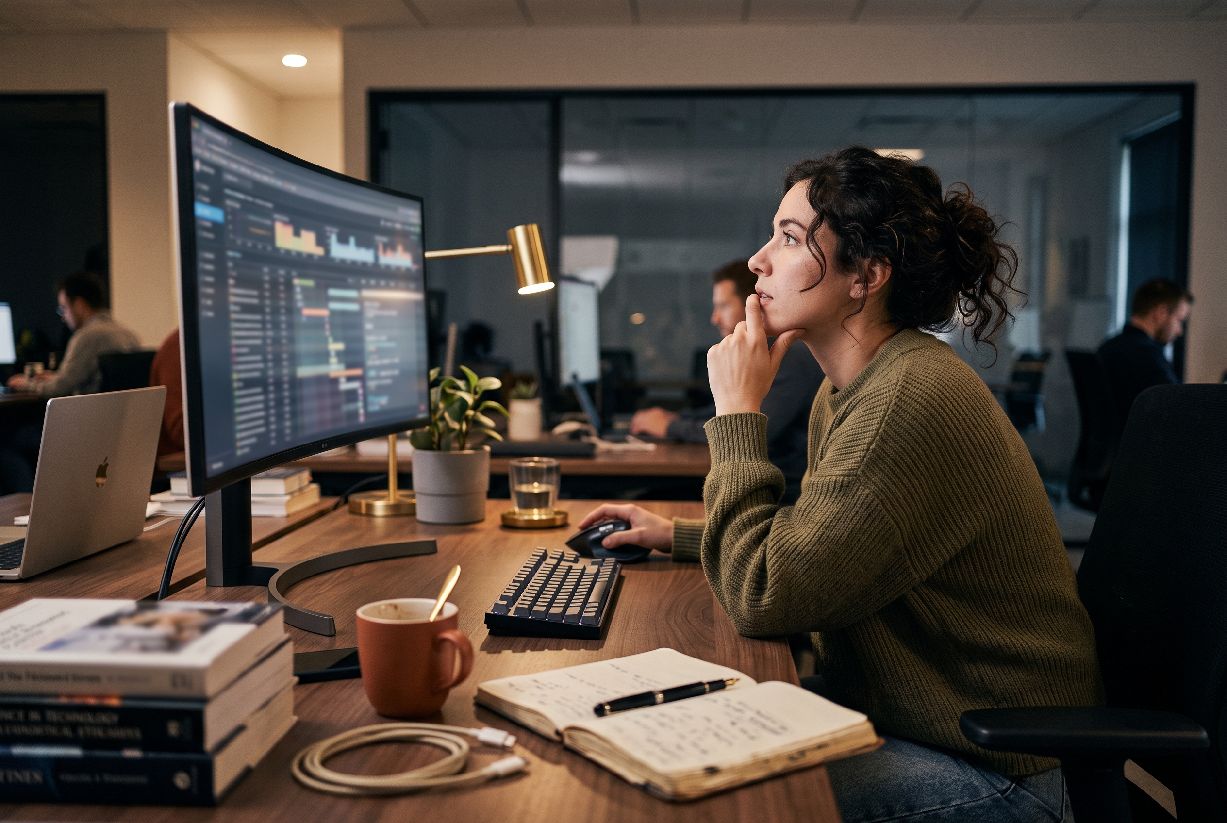 Developer examining network request timings in browser developer tools on a wide monitor in a dim office