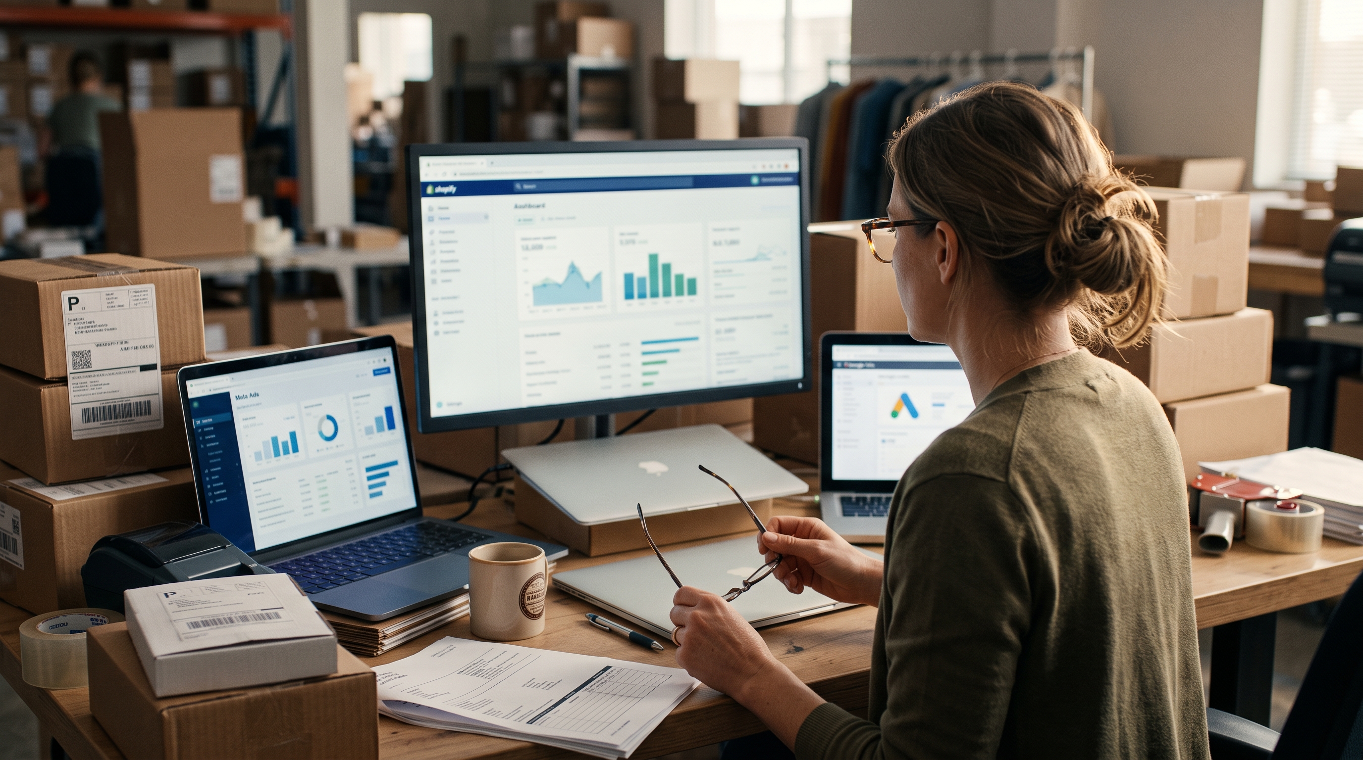 Store owner comparing Shopify, Meta Ads and Google Ads reports on three screens at a cluttered desk with shipping boxes nearby