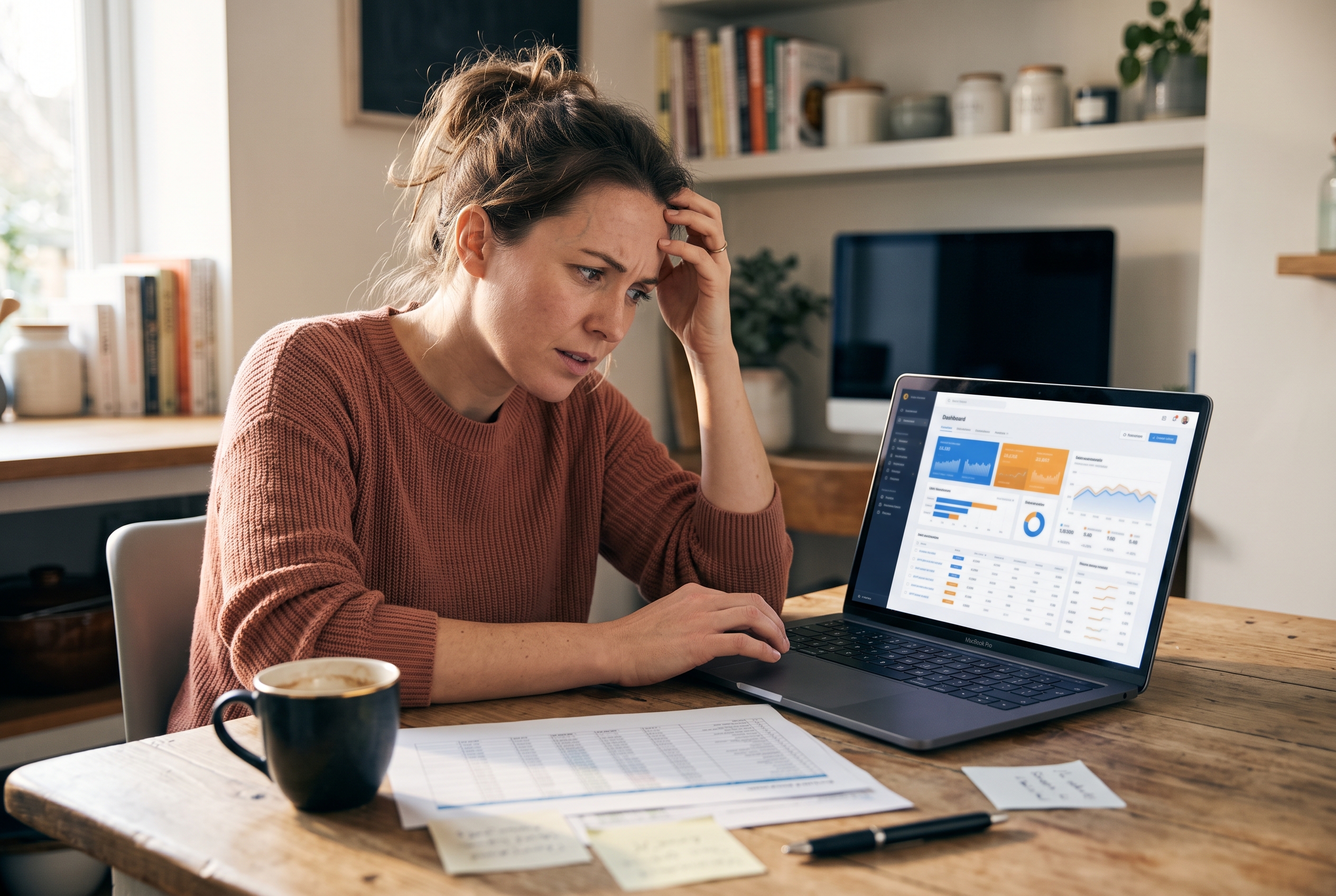 Marketer at a kitchen table with a laptop and coffee puzzling over mismatched ad reports and order totals