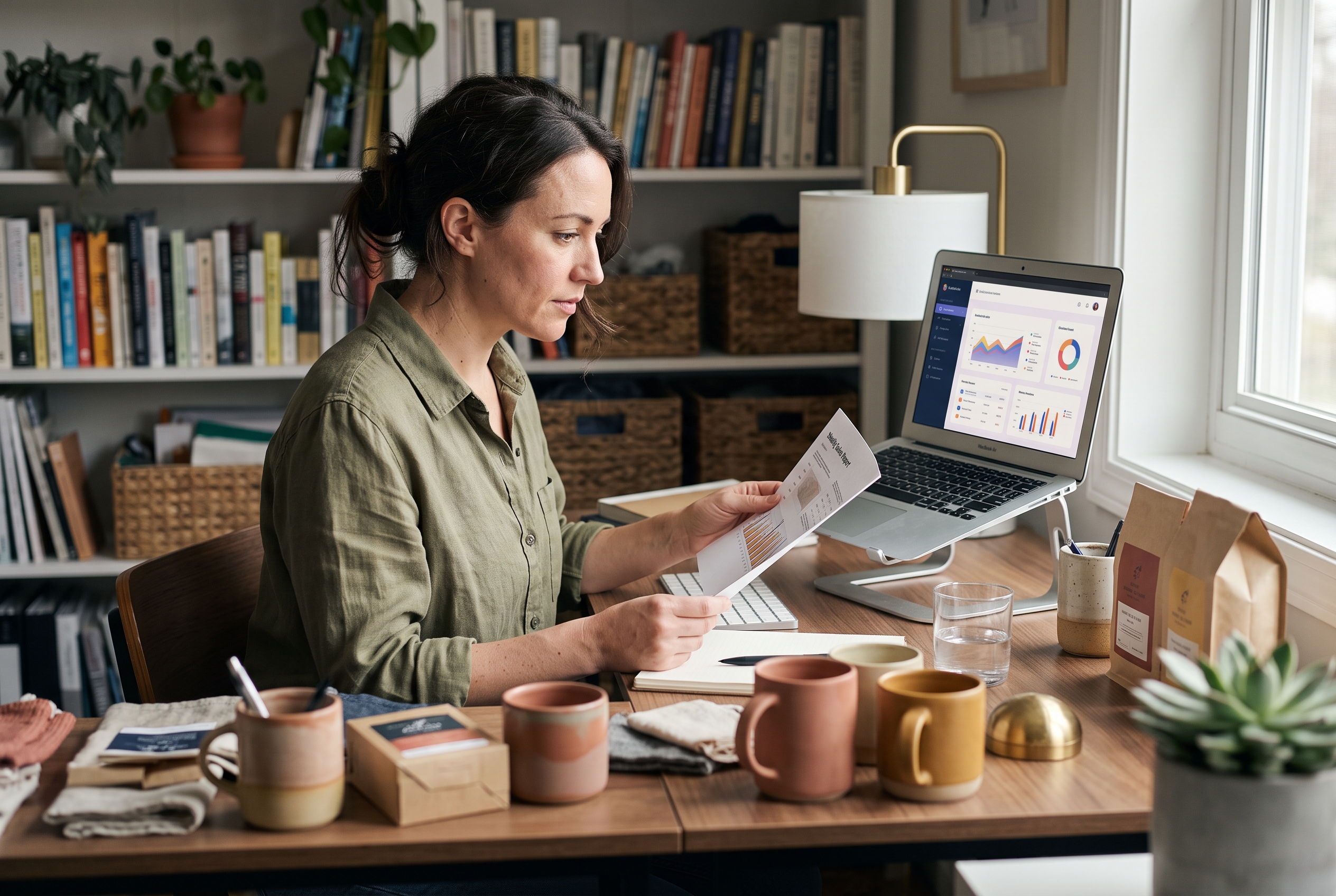 Shop owner reviewing a printed weekly sales report beside a laptop in a small home office with product samples