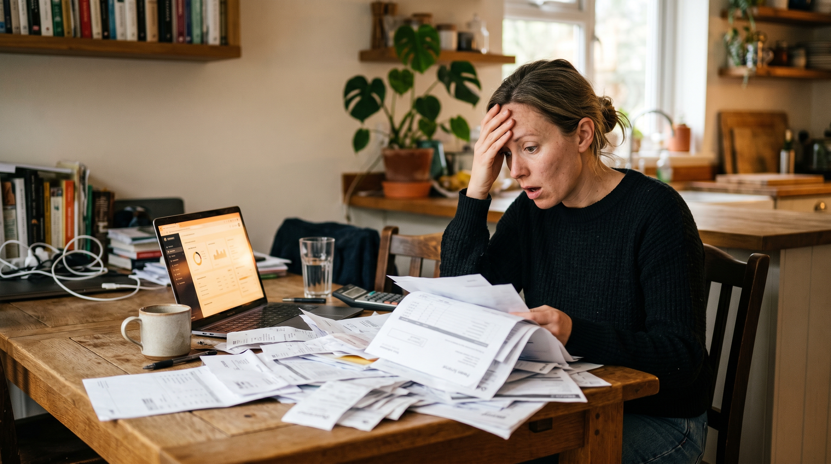 A small business owner at a kitchen table looking shocked at a stack of itemized invoices spilling across the surface