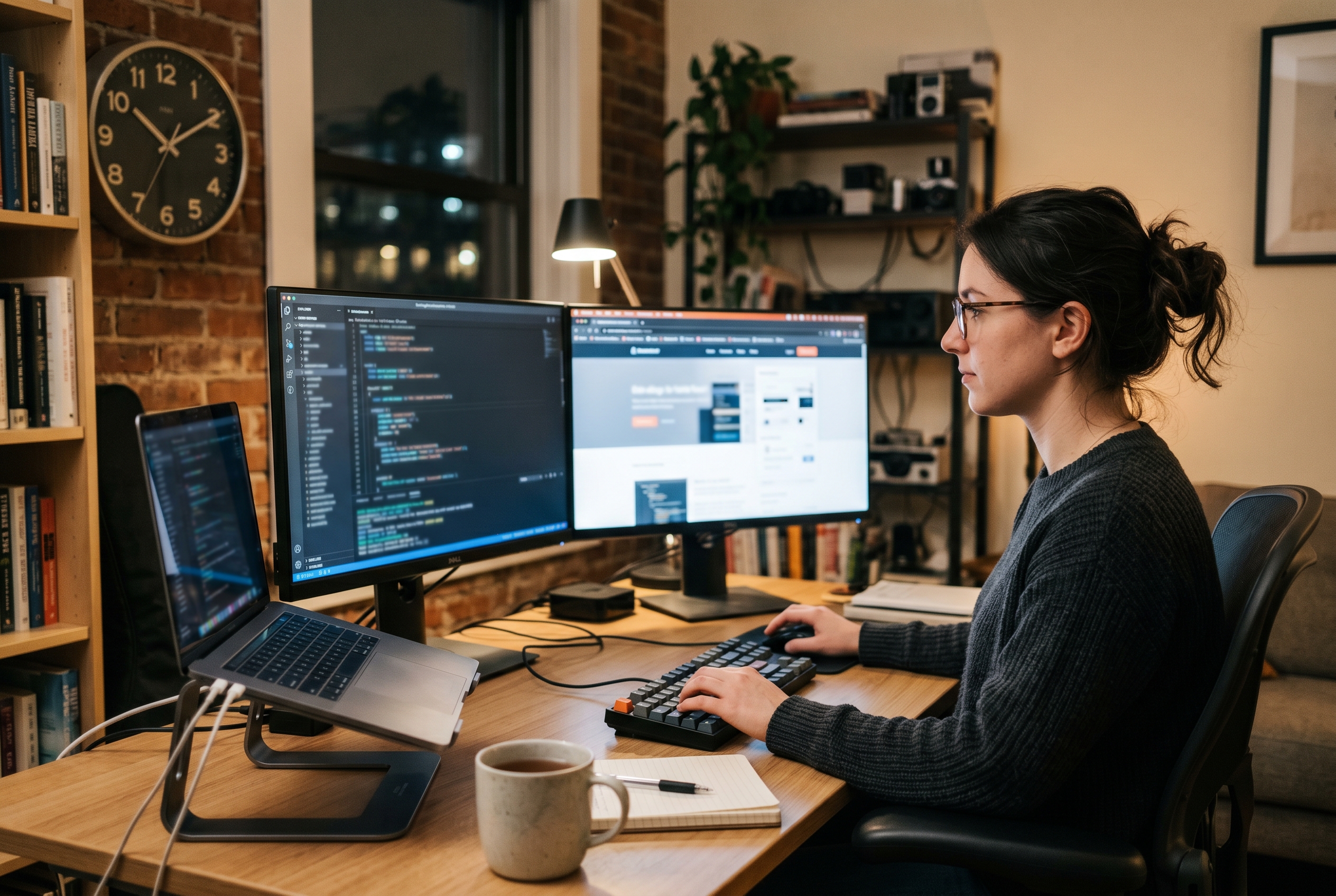 A web developer at a dual-monitor workstation editing theme code while a clock on the wall shows late evening hours