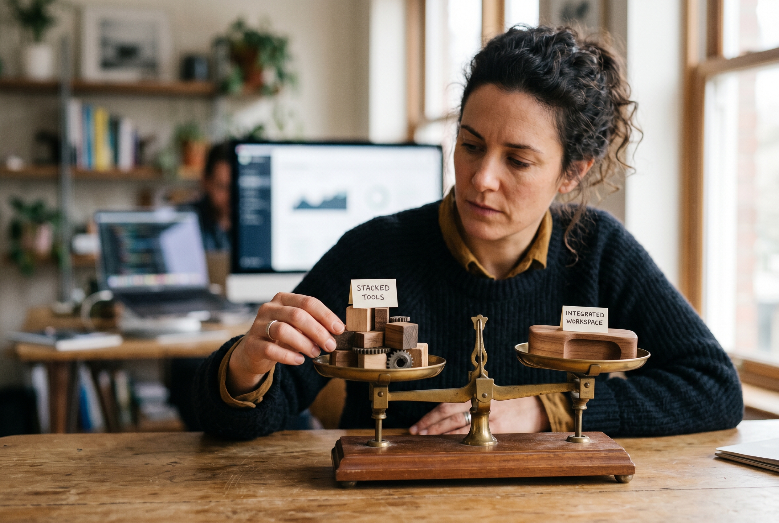 A founder at a desk weighing two paths on a balance scale, one labeled with stacked tools and the other with a single integrated workspace
