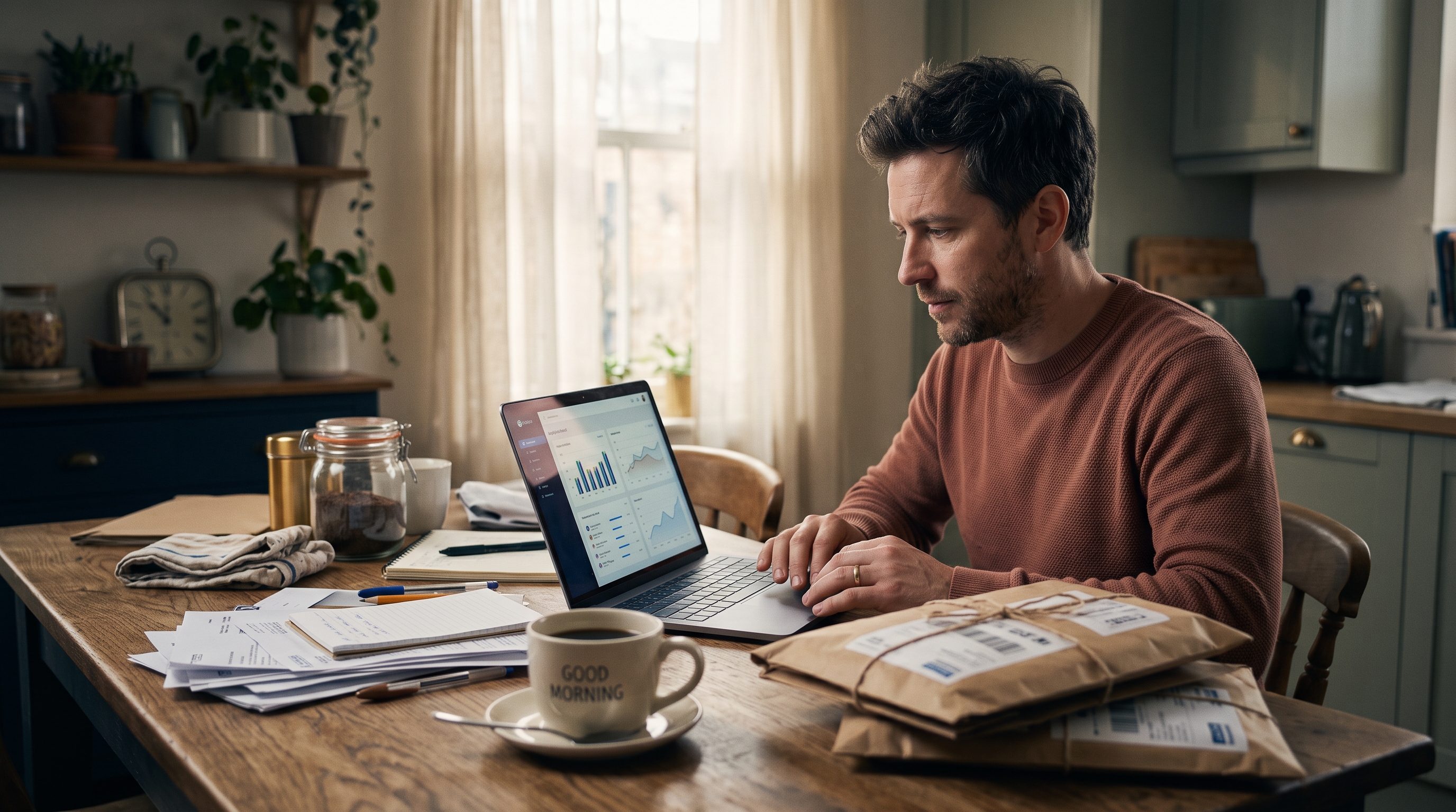 Store owner reviewing sales numbers on a laptop at a cluttered kitchen table beside a coffee mug and packed parcels