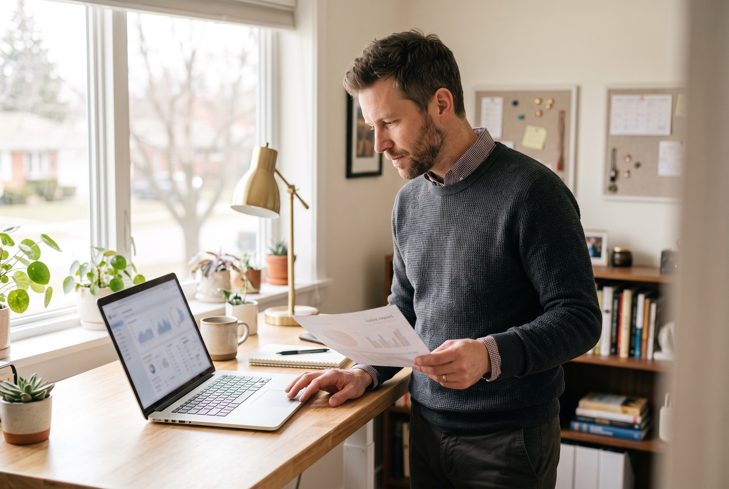 Merchant at a standing desk comparing a printed sales report with a laptop dashboard in a bright small office