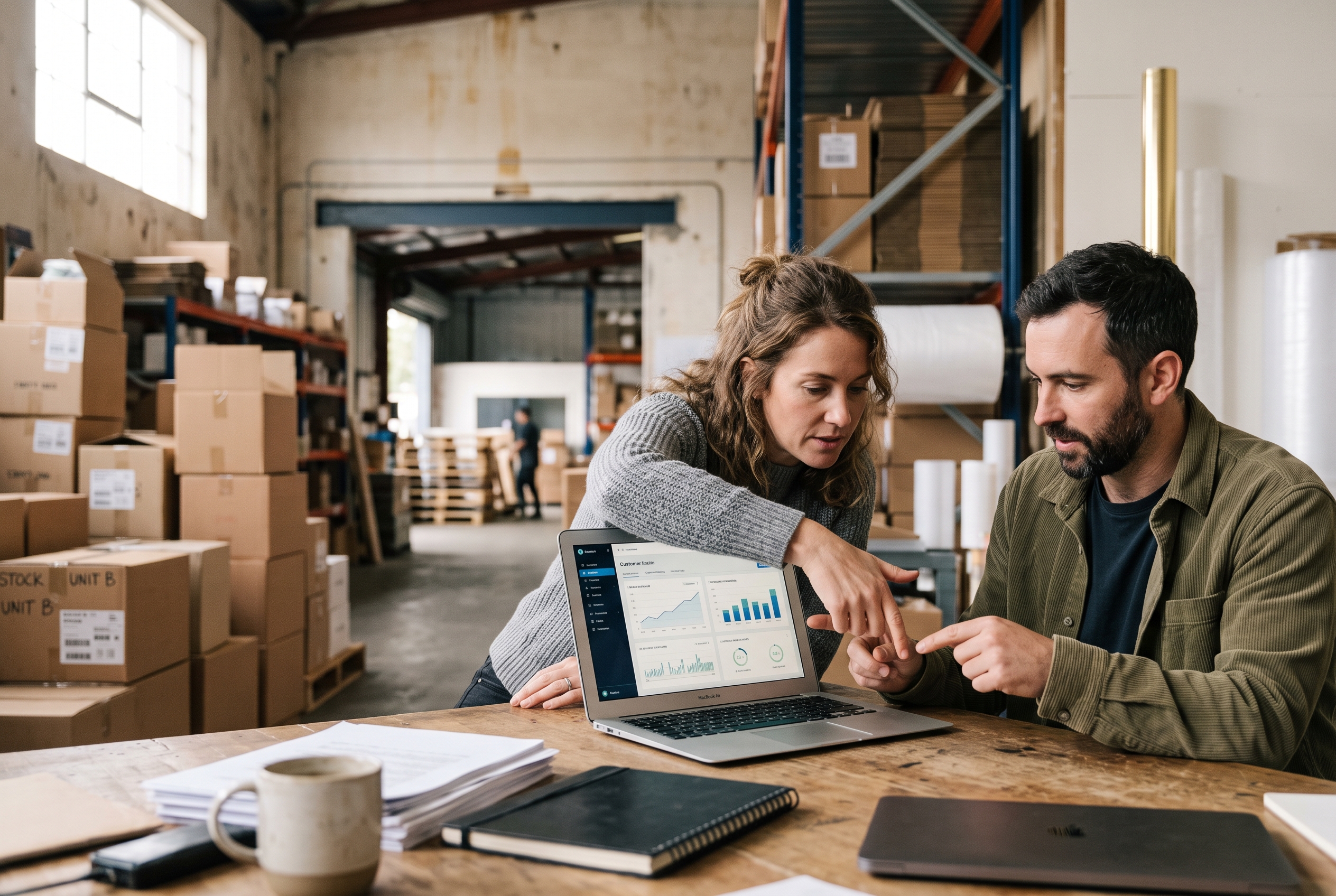 Two co-founders pointing at a laptop screen showing customer retention figures while sitting in a small warehouse office