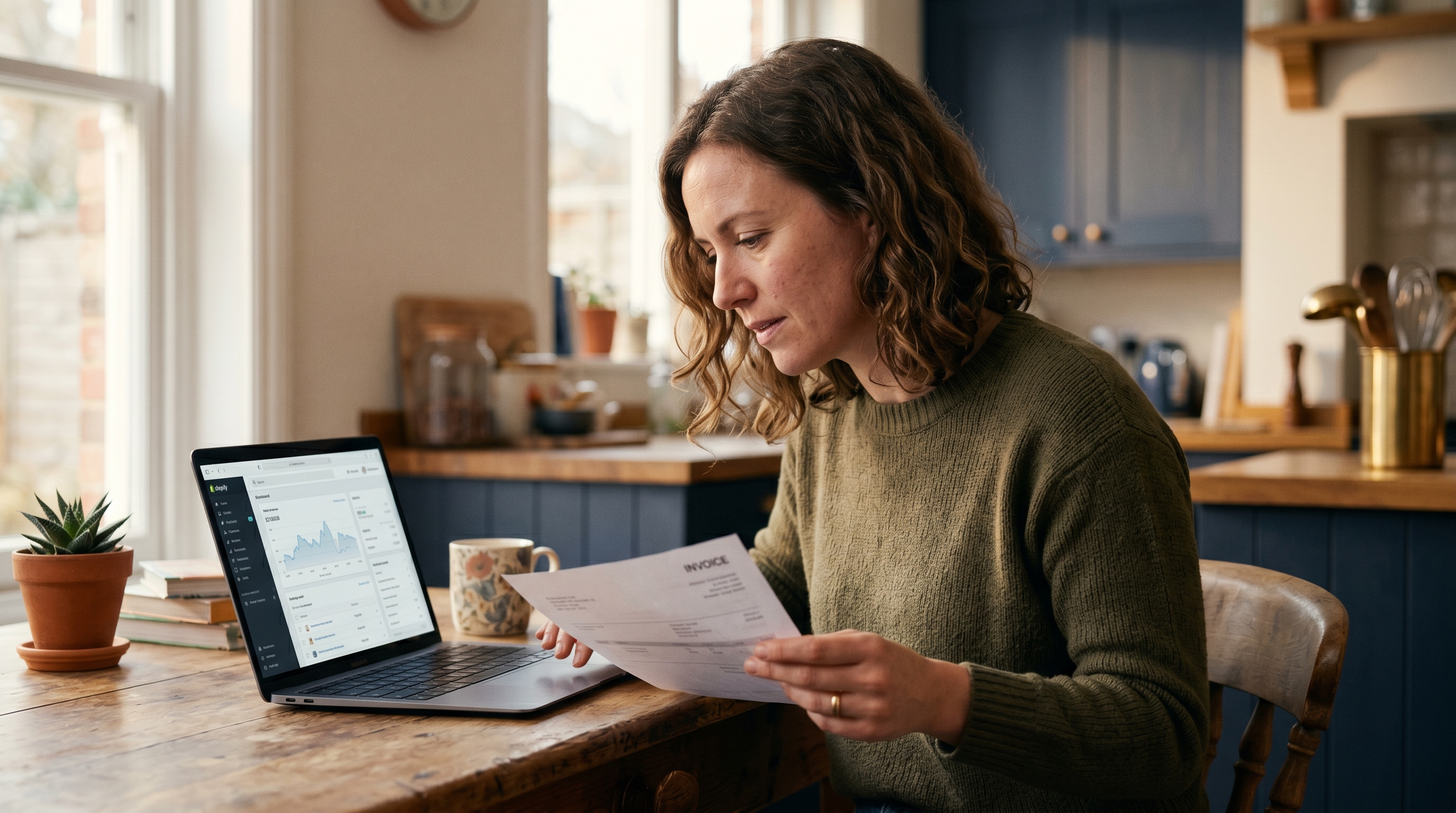 Small business owner reviewing developer invoices at a kitchen table with a laptop showing a Shopify store