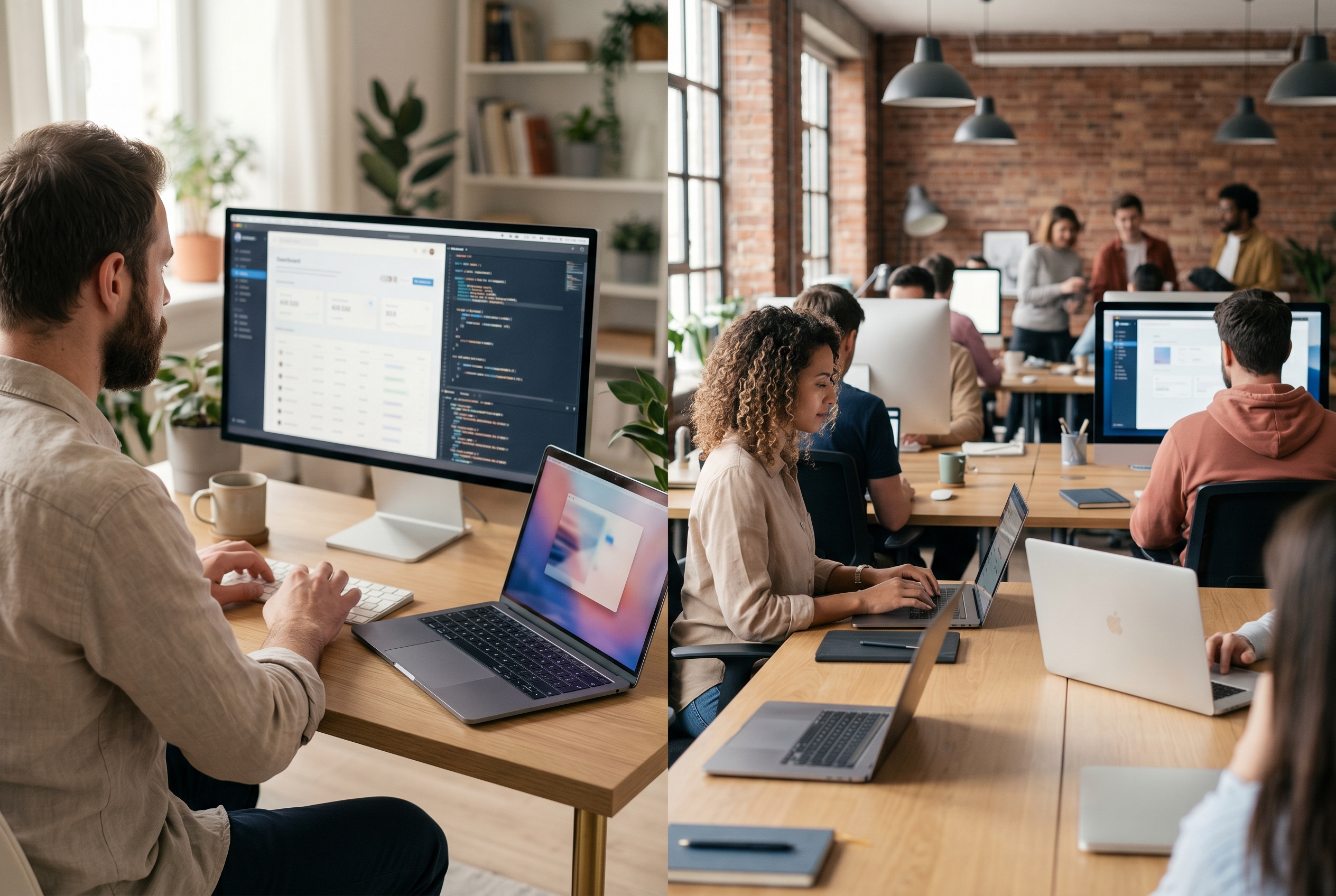 Split screen comparing a freelance developer working alone and a busy agency office full of designers and developers