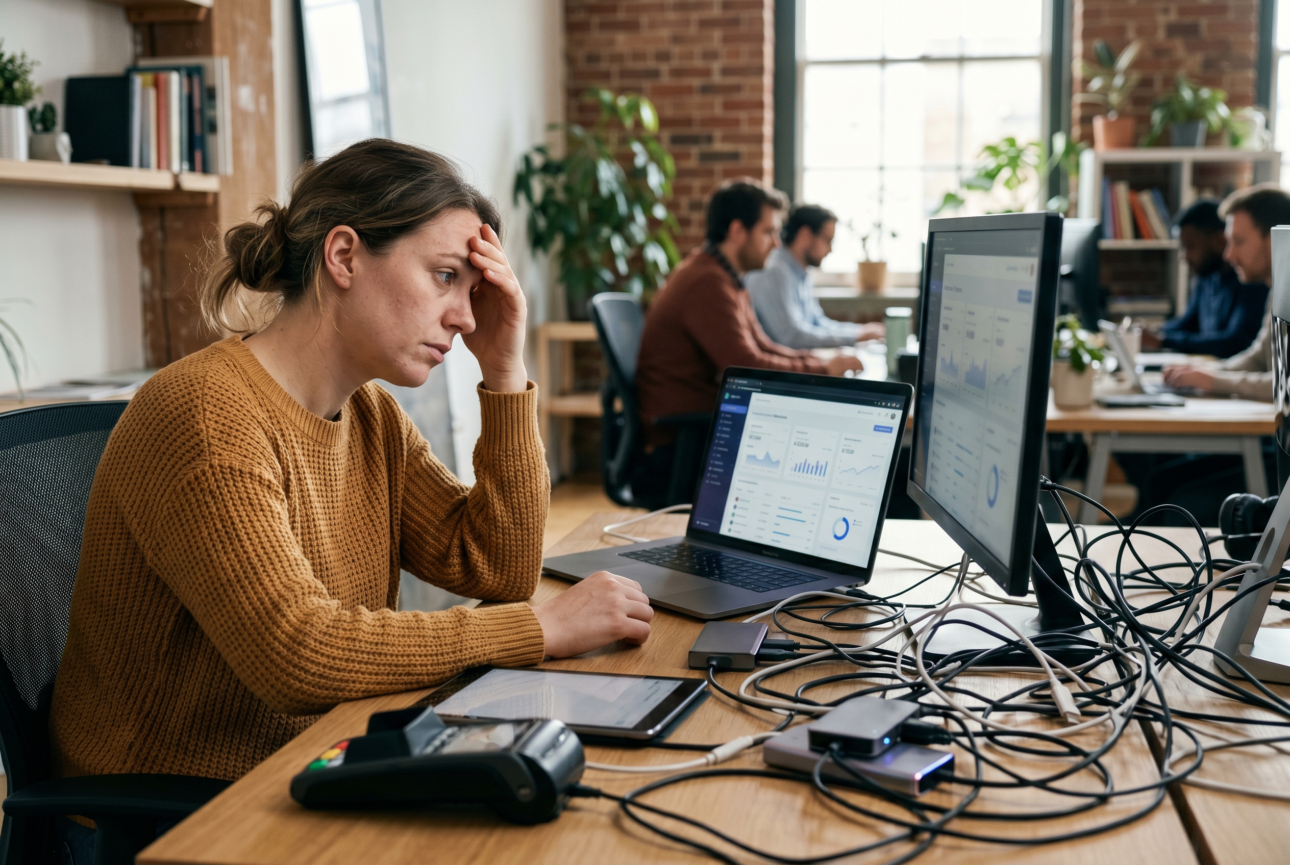 Tangled web of plugins and apps connected to a single online store, with a frustrated merchant looking at the mess