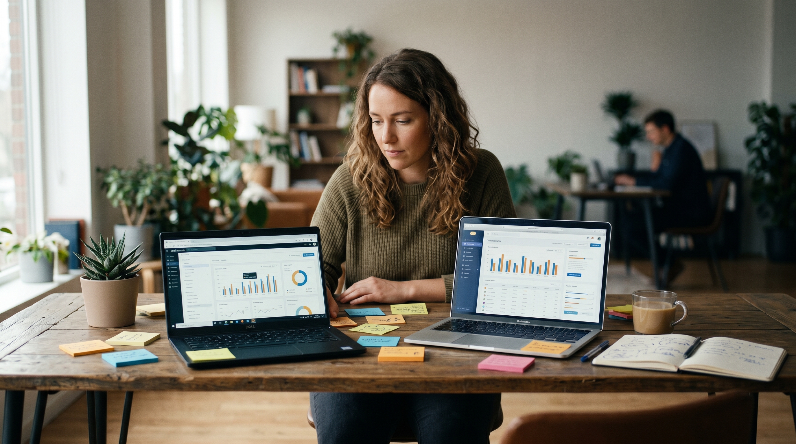 Small business owner sitting at a desk comparing ecommerce platforms on two laptop screens with sticky notes around them