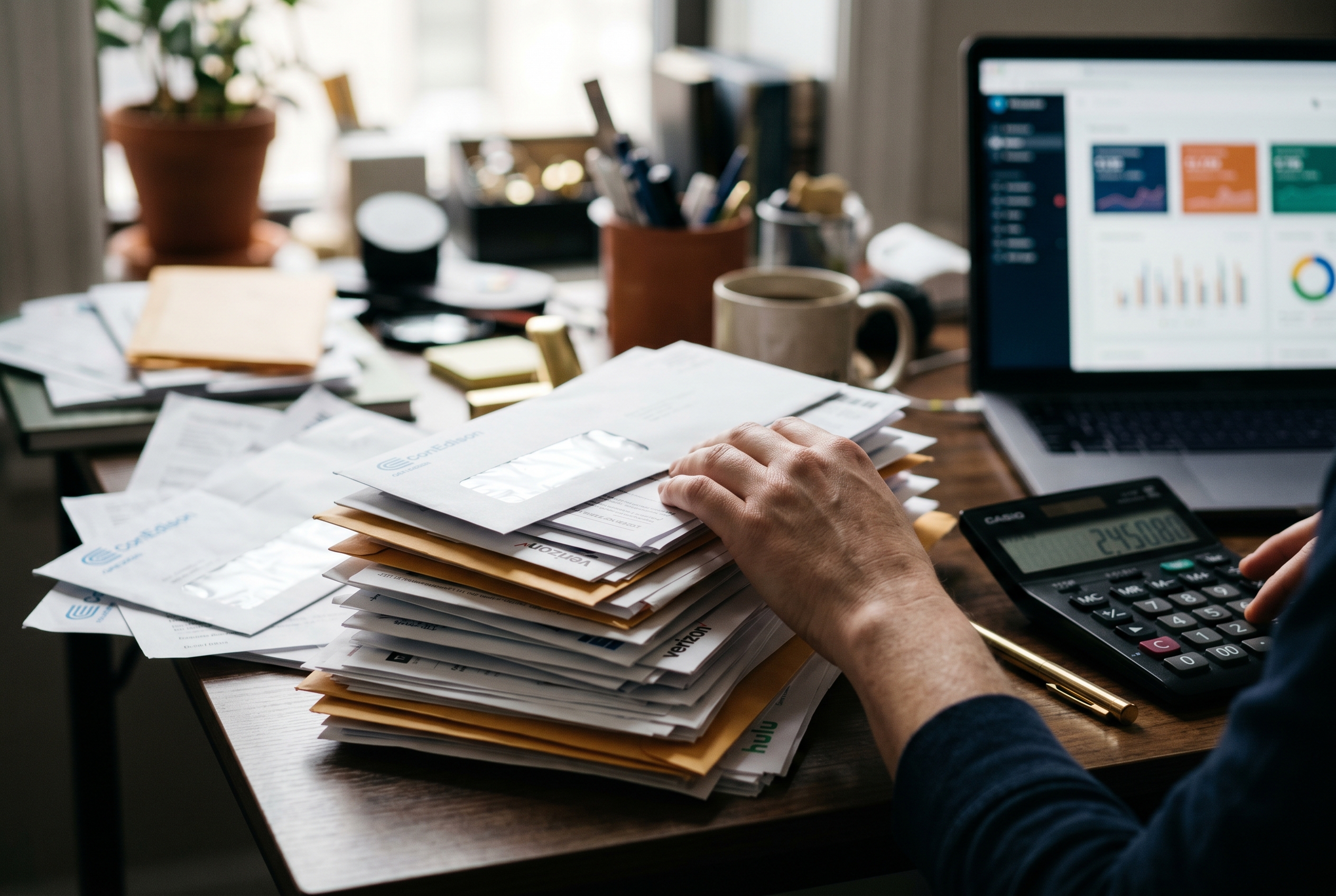 Stack of paper invoices and subscription bills piling up on a desk next to a calculator showing rising costs