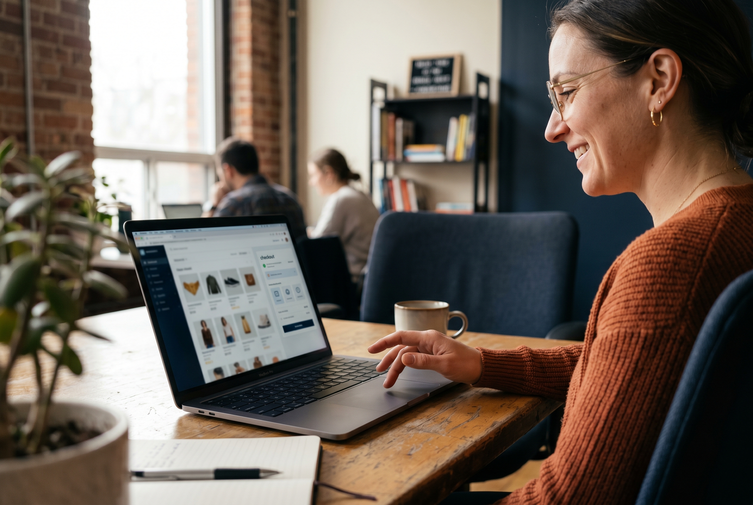 Founder smiling at a laptop as a complete online store with products and checkout appears on screen in minutes
