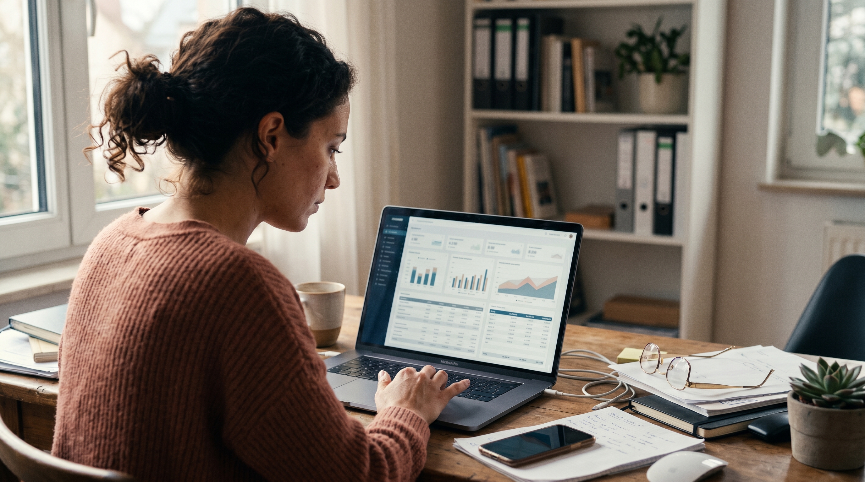 Small business owner reviewing a spreadsheet of monthly expenses on a laptop at a cluttered home office desk