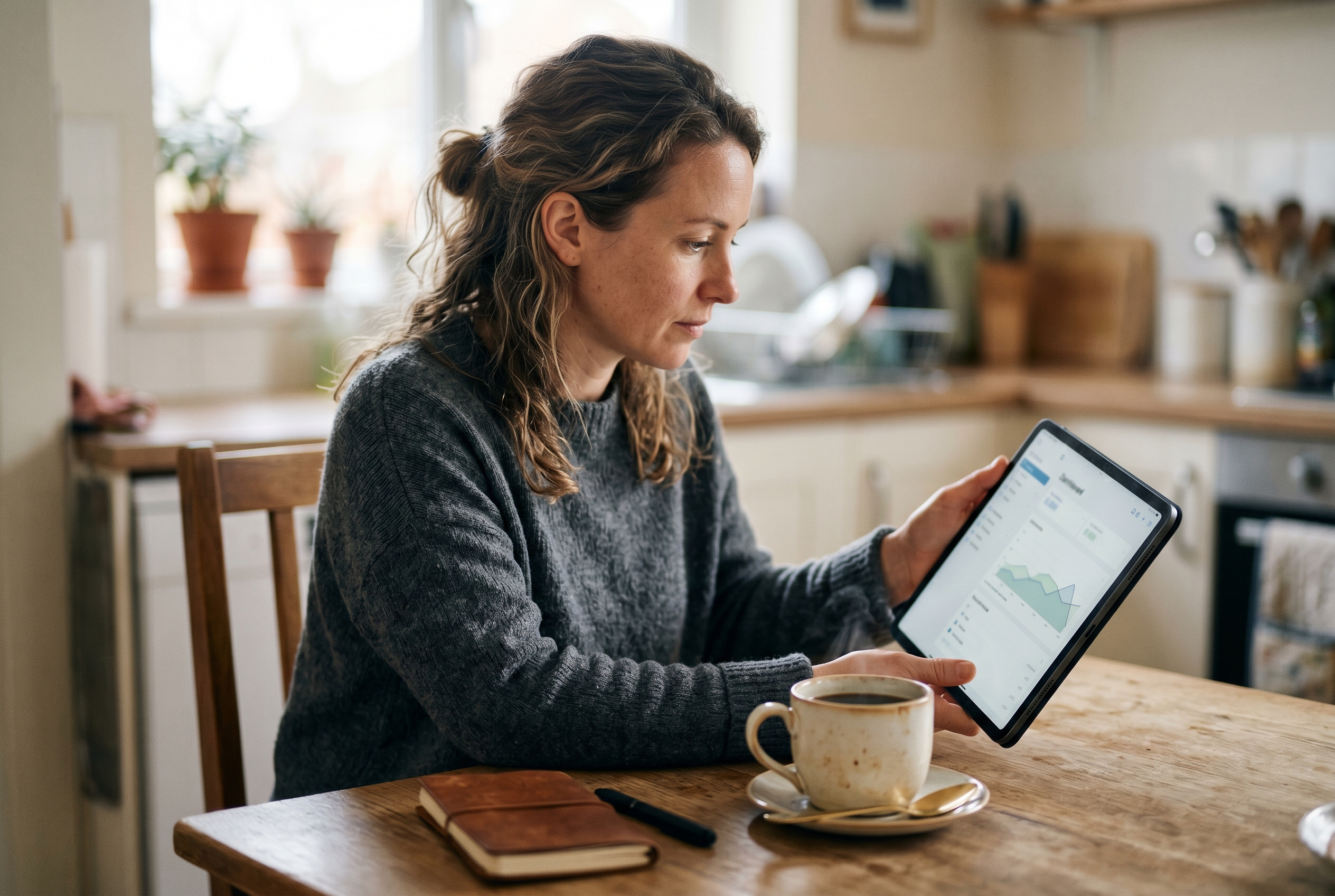 Founder examining a payment processing statement on a tablet while sitting at a kitchen table with morning coffee