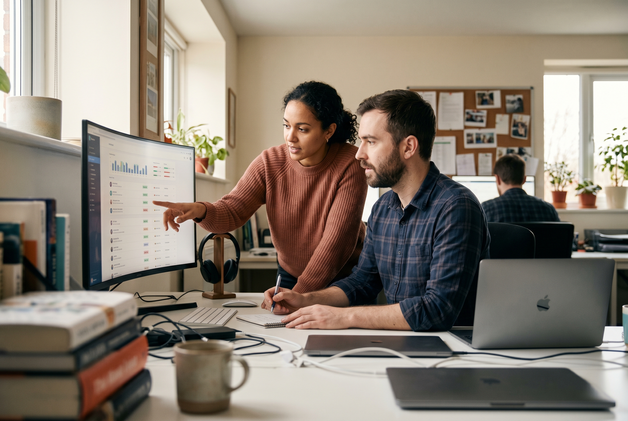 Two team members comparing a long list of installed app subscriptions on a wide monitor in a small office