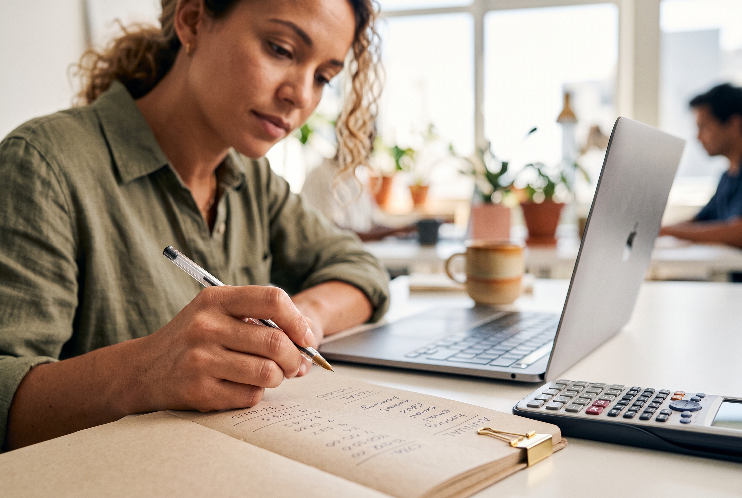 Entrepreneur calculating annual software expenses with a notebook and calculator beside an open laptop in a bright workspace