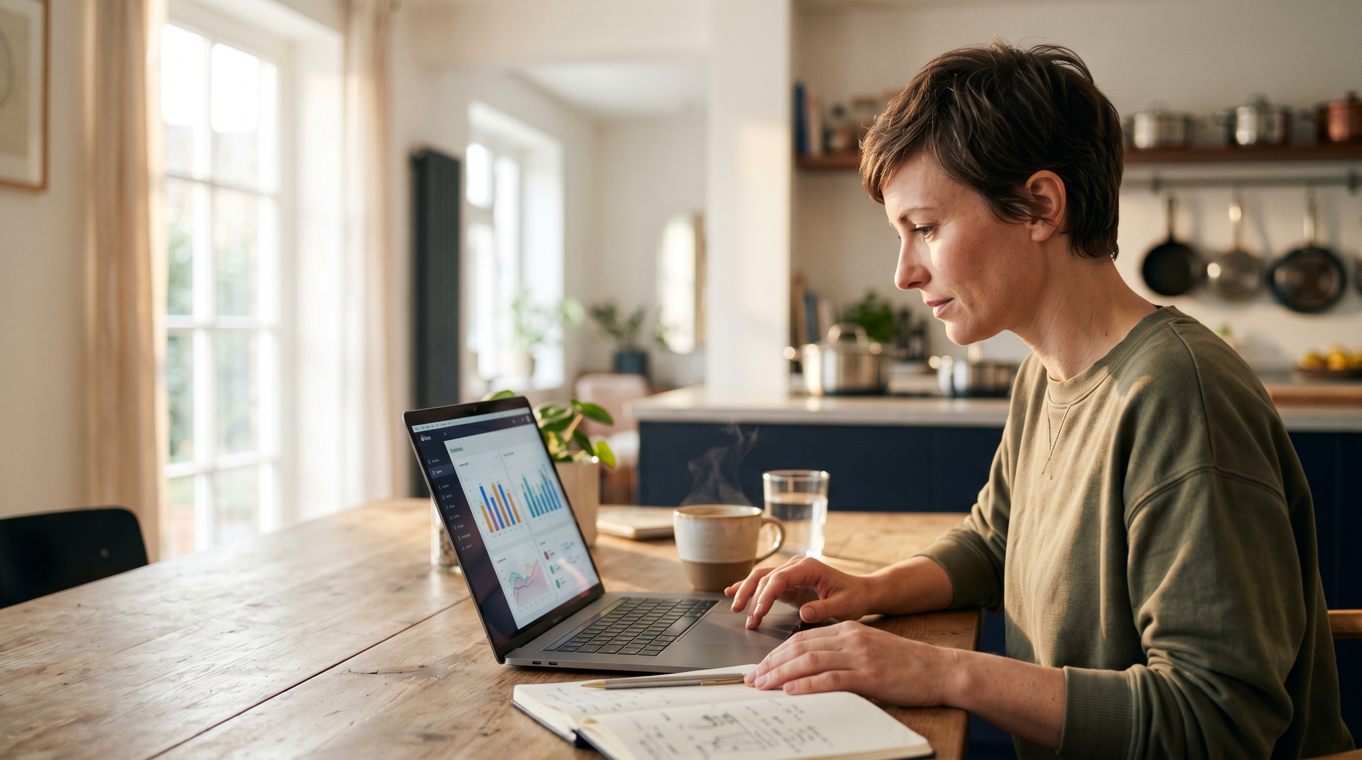Founder reviewing website traffic charts on a laptop at a kitchen table with coffee and a notebook in the morning light