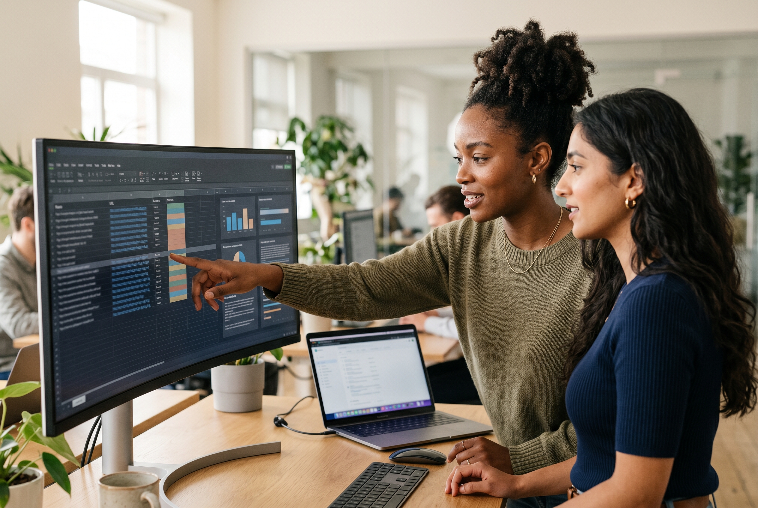 Two colleagues comparing a spreadsheet of URLs on a wide monitor in a bright office, pointing at rows on screen