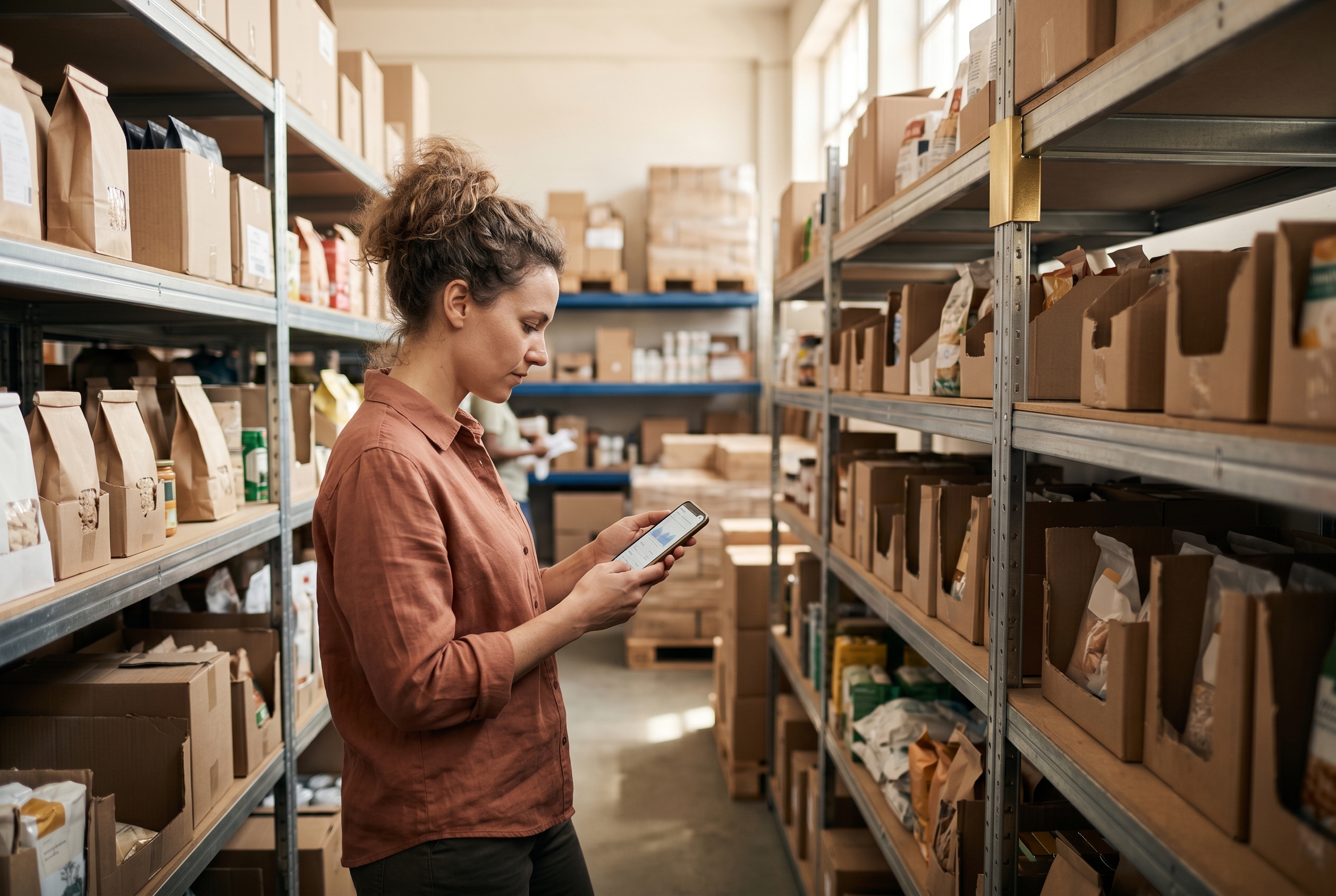 Small business owner checking search console results on a phone while standing among shelves of packaged products in a stockroom