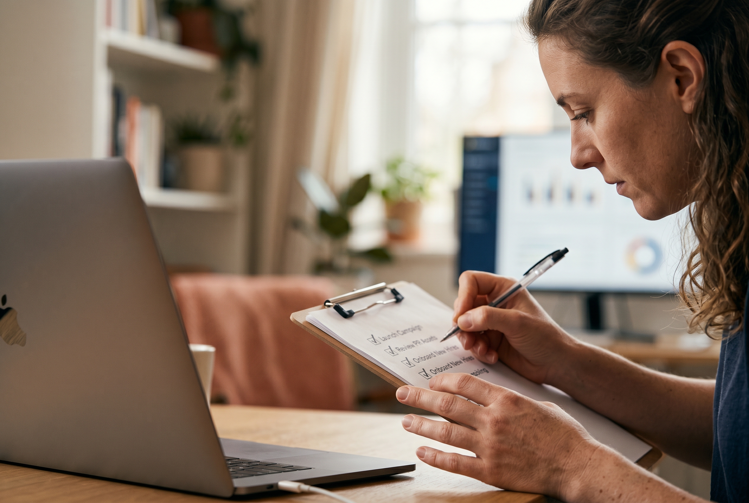 Founder ticking items off a printed checklist on a clipboard next to an open laptop in a tidy home office