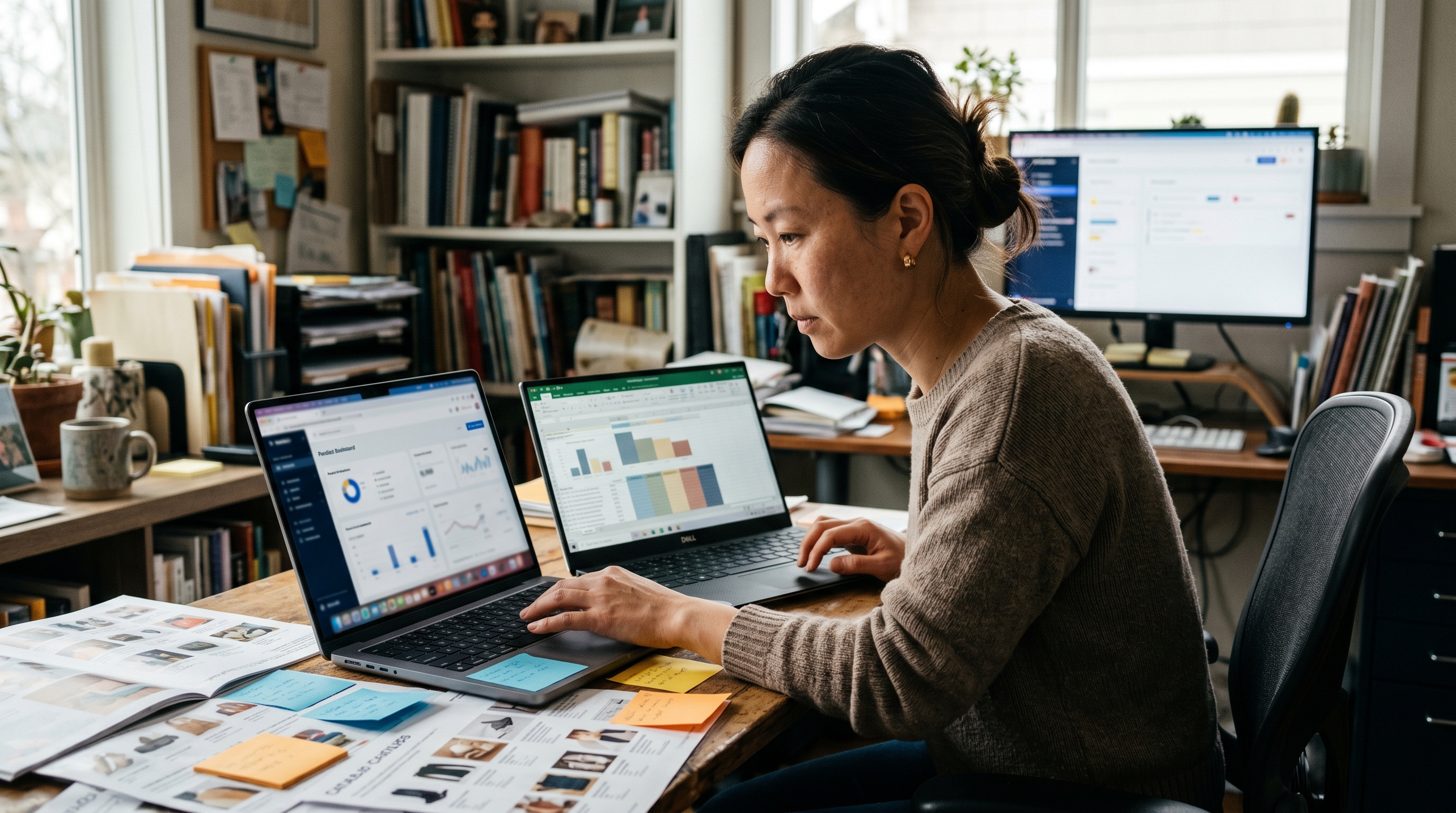 Store owner comparing two laptops on a desk covered in printed catalog pages and sticky notes in a home office