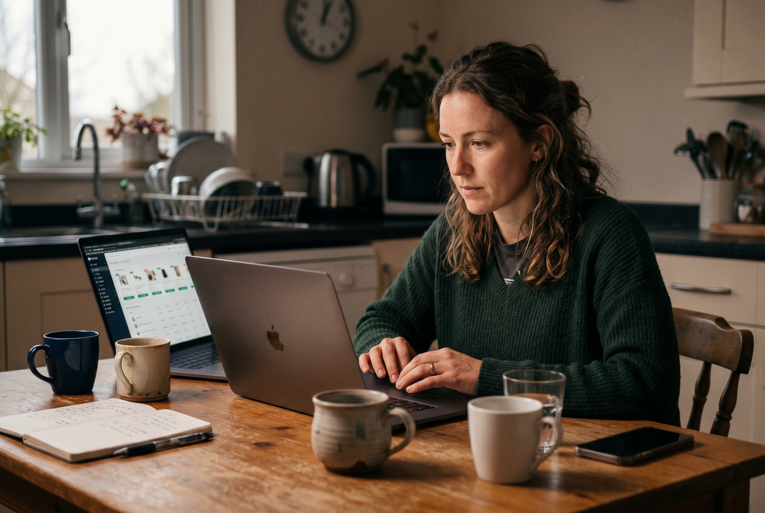Founder late at night at a kitchen table surrounded by coffee mugs, manually checking product listings on a glowing laptop screen