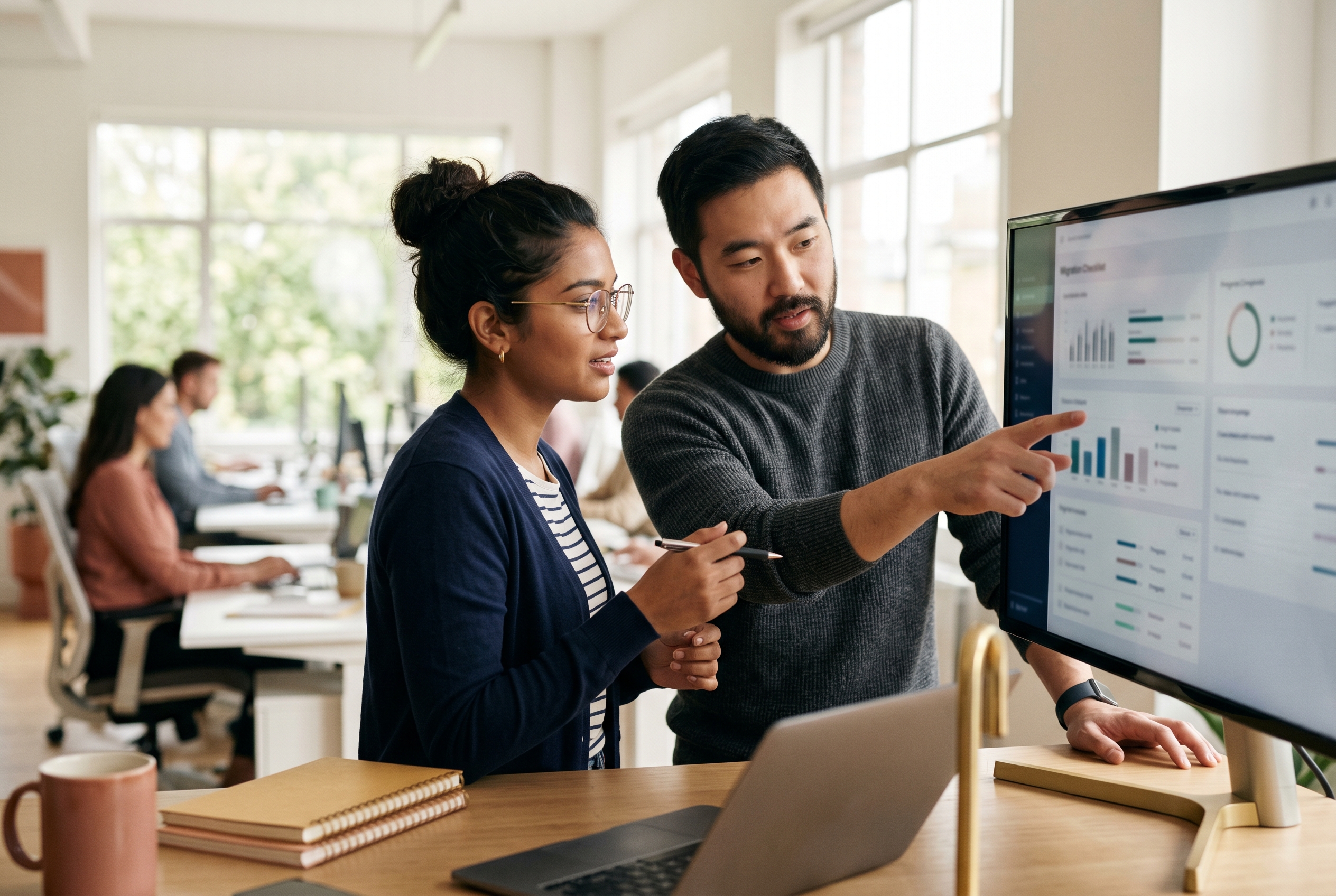 Two specialists reviewing a migration checklist on a wide monitor in a bright modern office, pointing at the screen