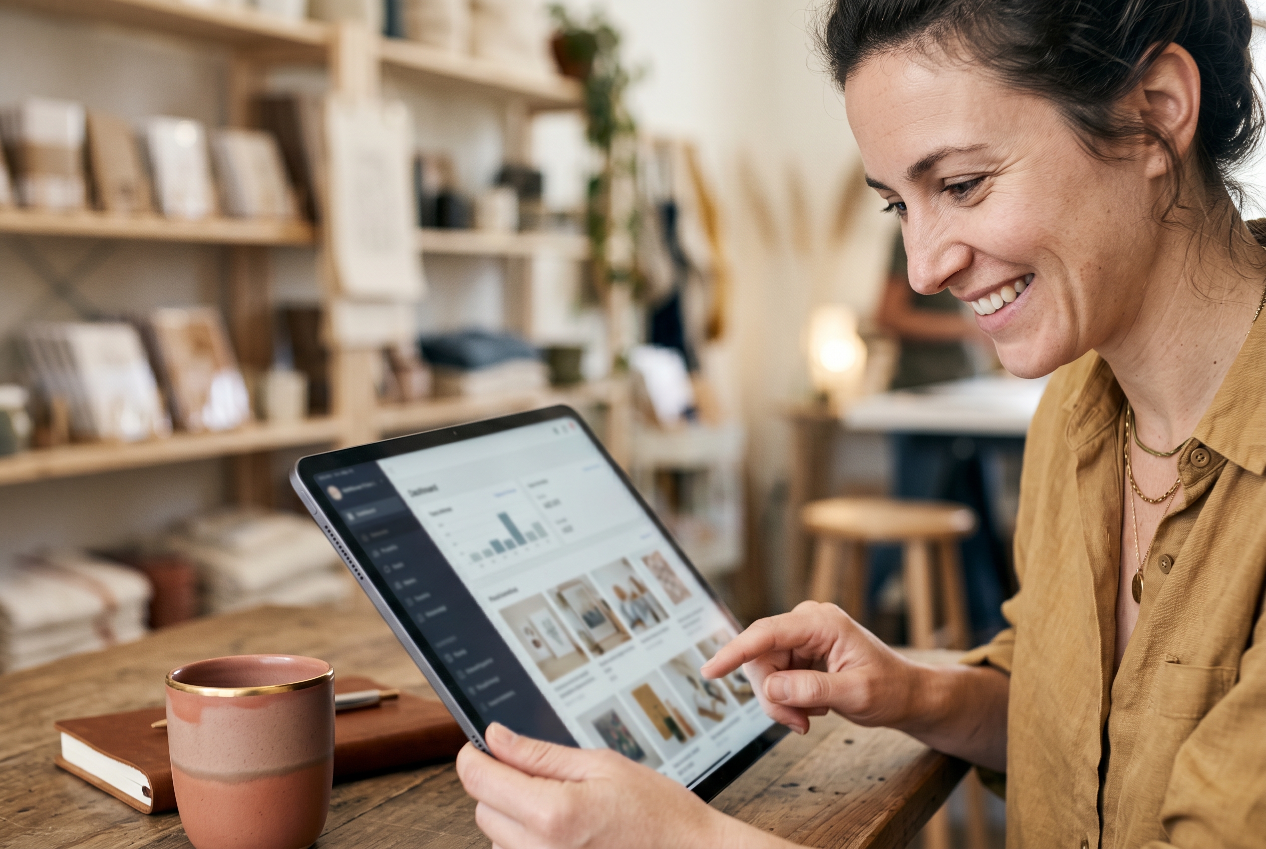 Small business owner smiling while reviewing her newly launched online store on a tablet in a bright retail workspace