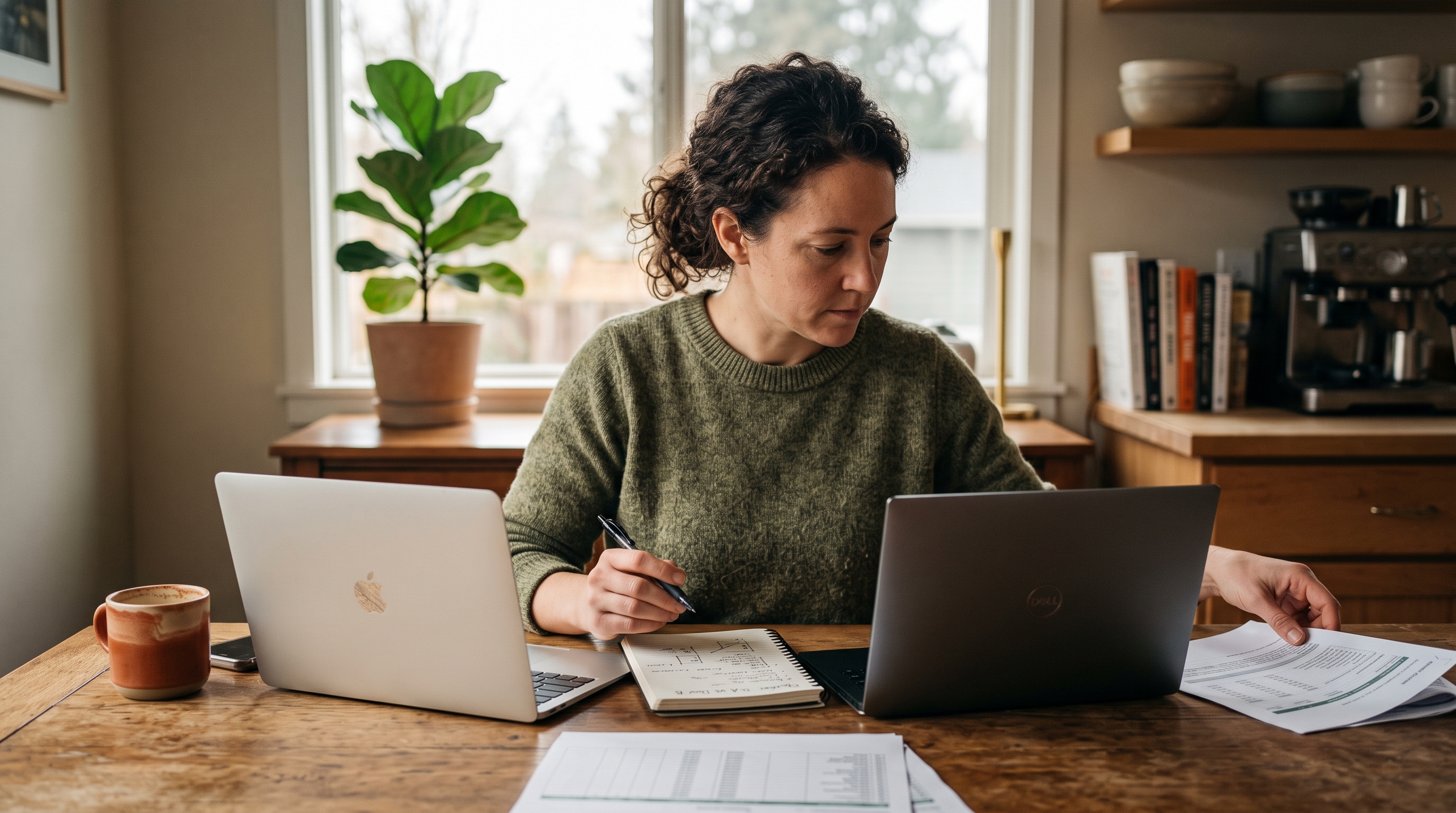 Small business owner comparing two laptops at a kitchen table while reviewing developer quotes with a notebook