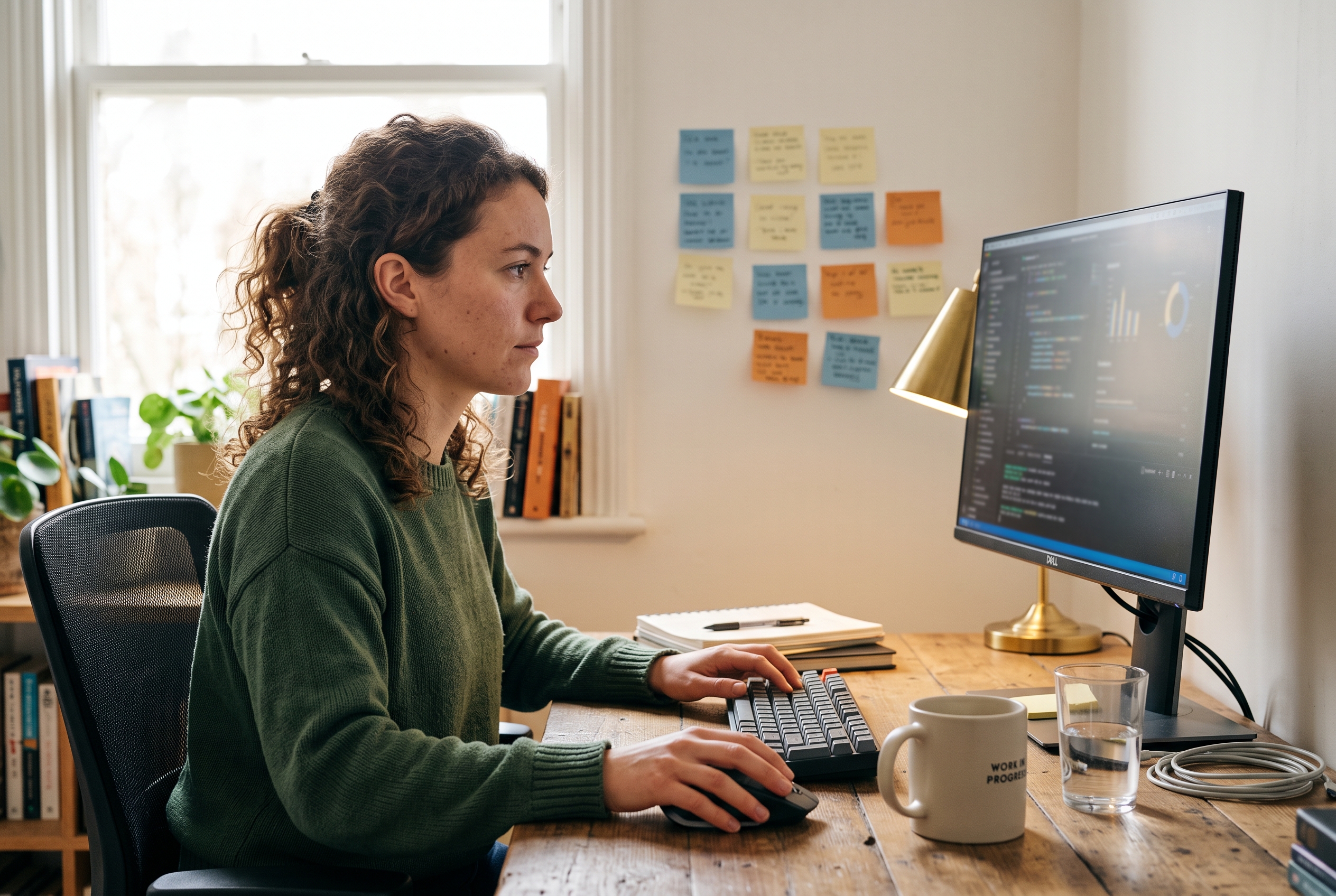Freelance developer working from a home office on a single monitor with a coffee mug and sticky notes on the wall