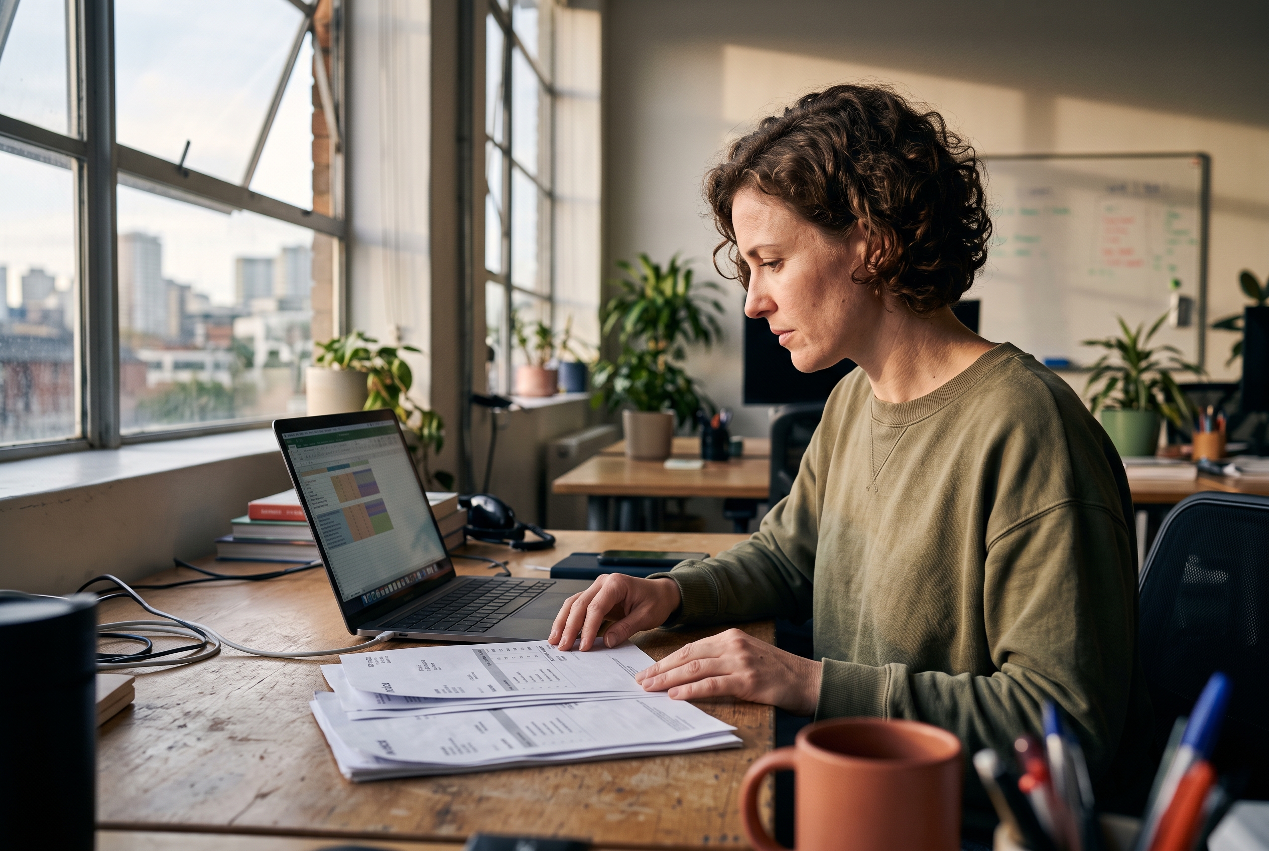 Founder reviewing a stack of invoices and a laptop spreadsheet at a desk near a window in the late afternoon