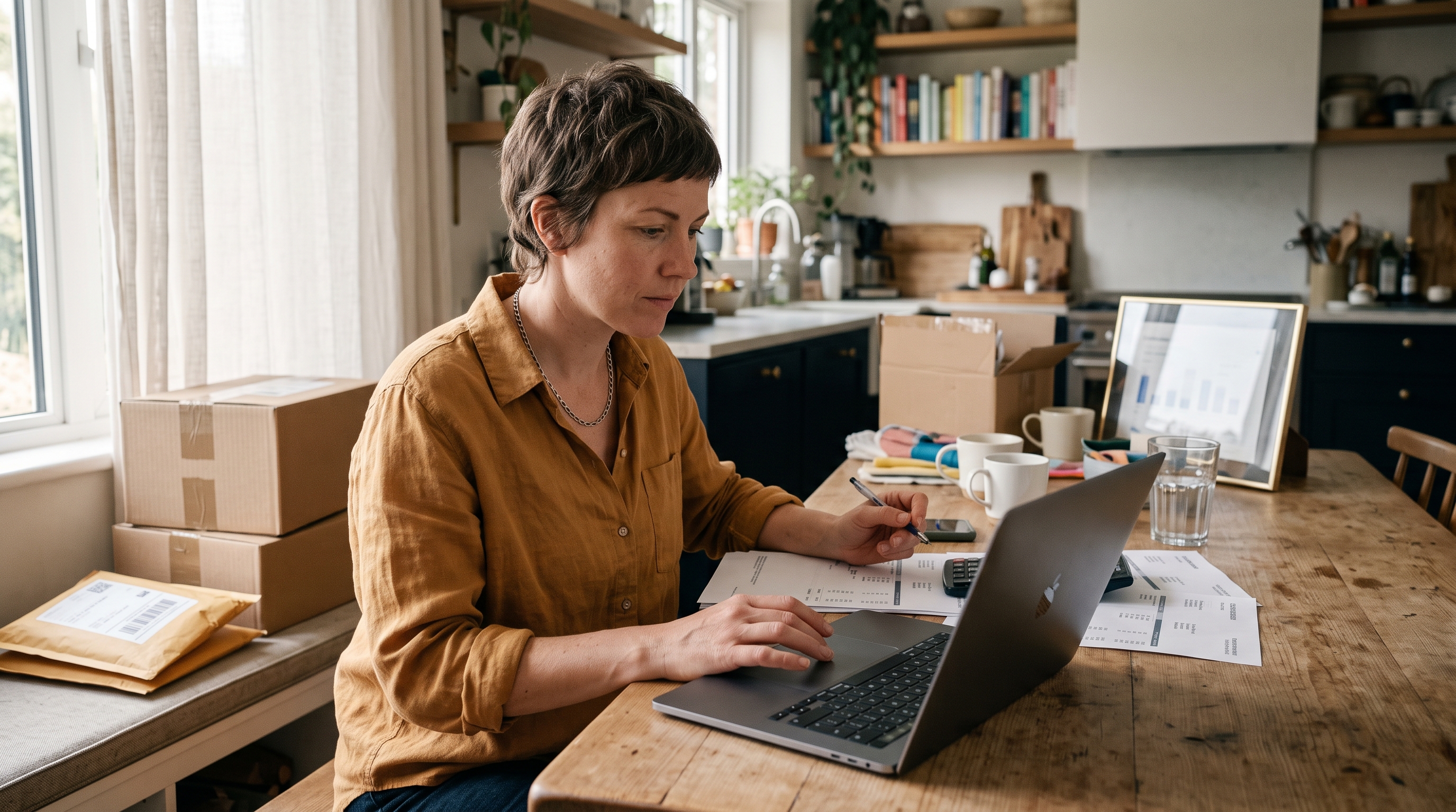 Online store owner comparing payment processing statements on a laptop at a kitchen table with packaged orders nearby