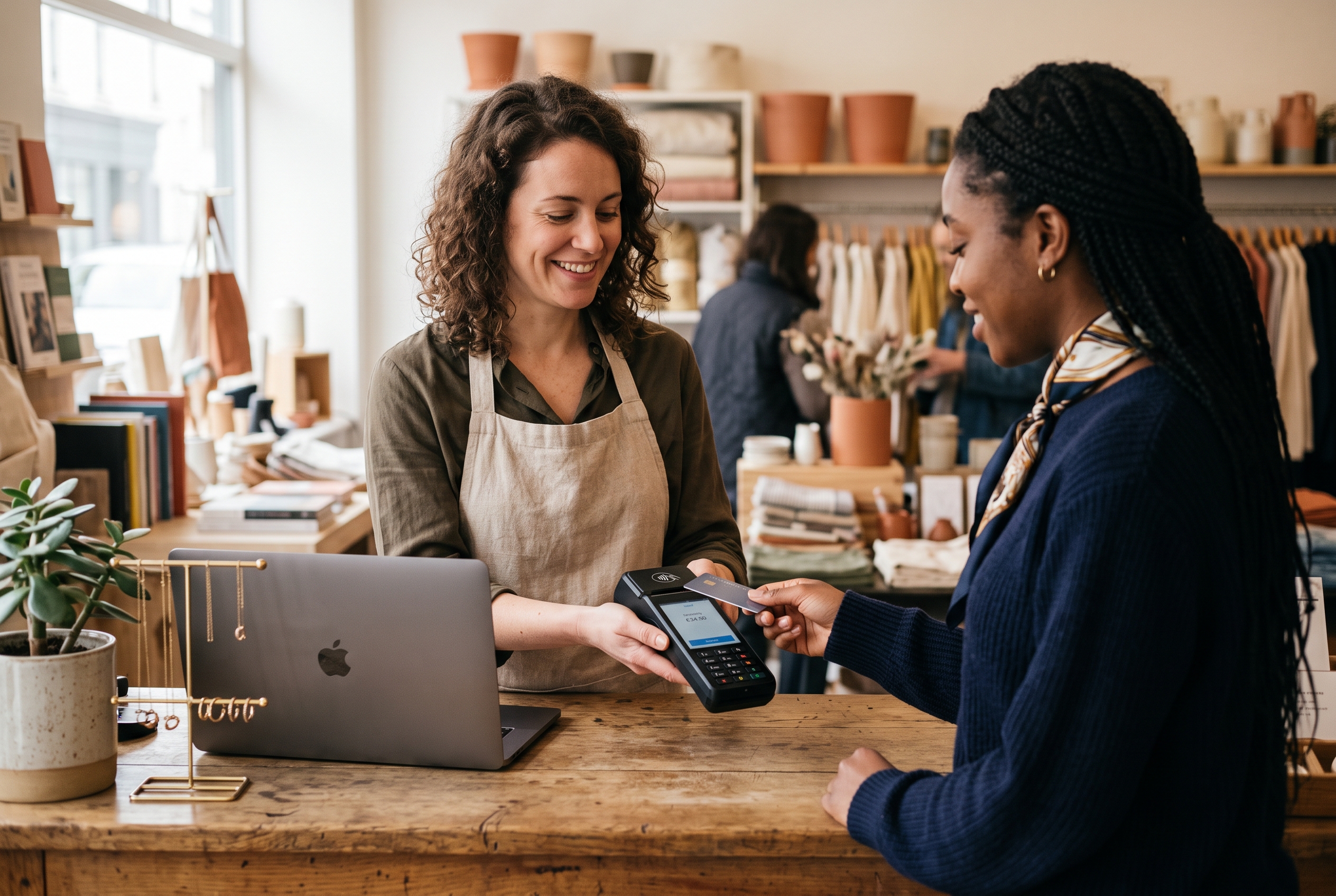 Boutique owner scanning a customer's card on a handheld reader at a wooden checkout counter