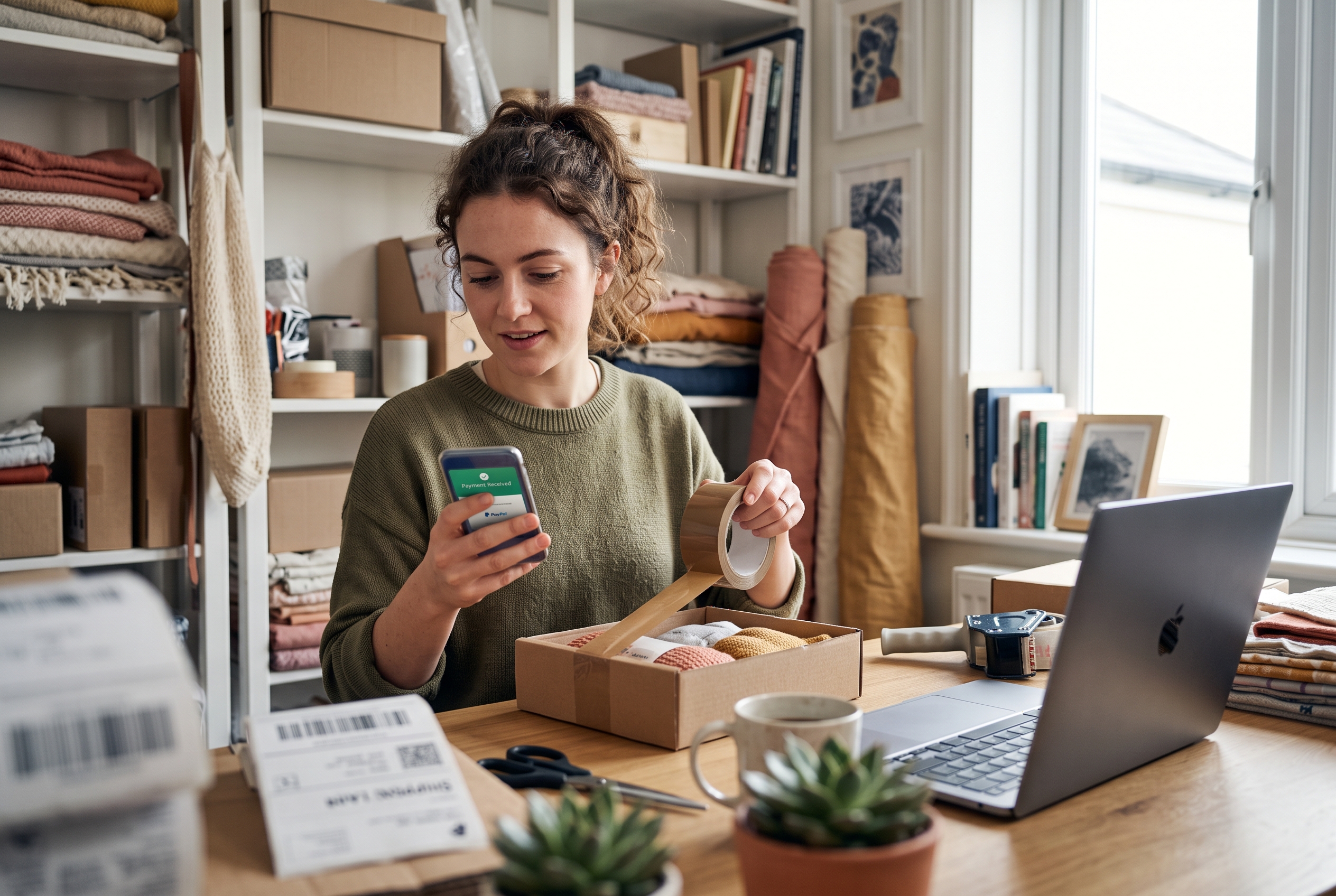 Online seller packing a parcel while checking a PayPal payment notification on her phone in a small home studio