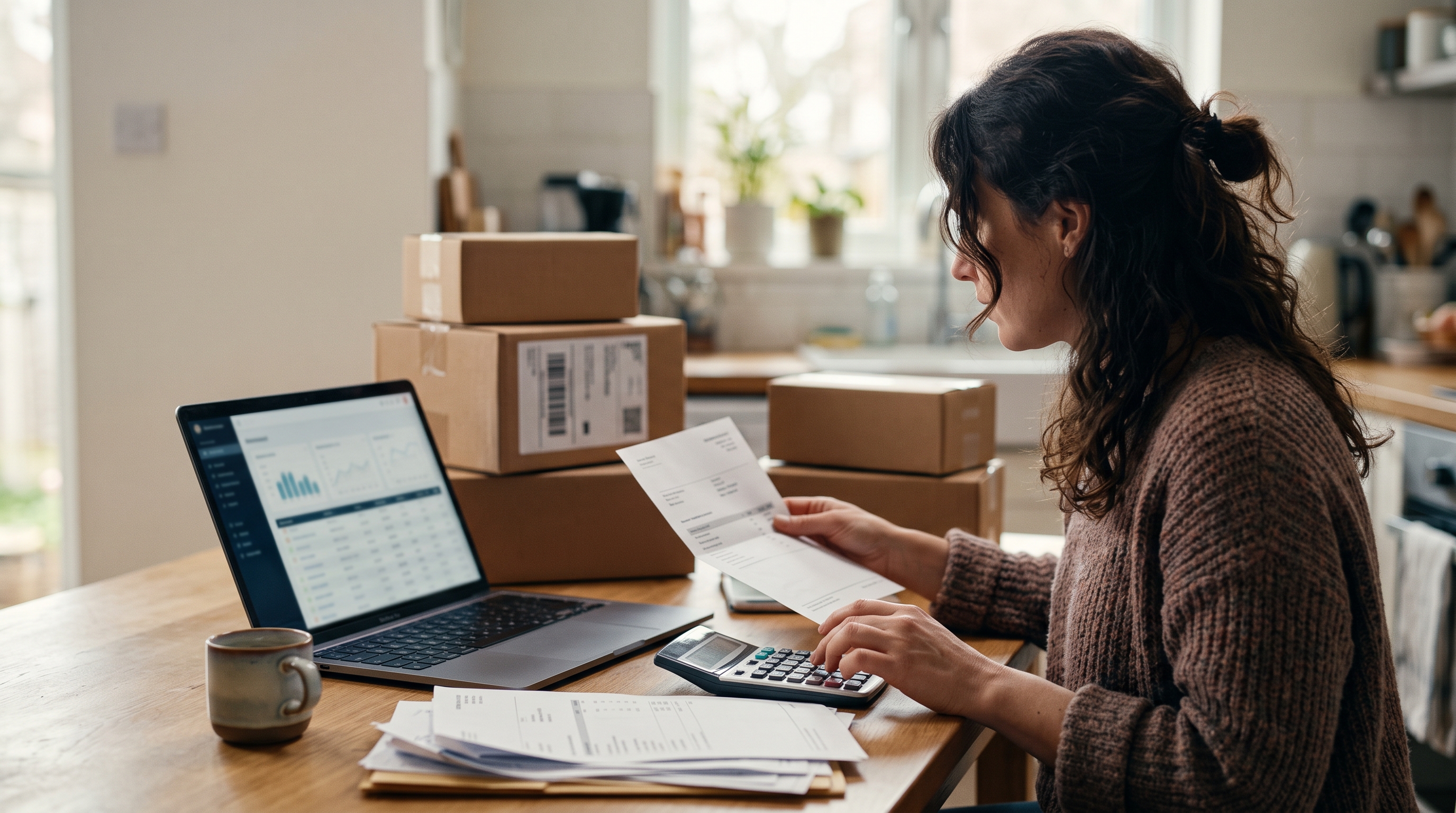 Online store owner comparing payout statements and a calculator at a kitchen table with packed parcels nearby