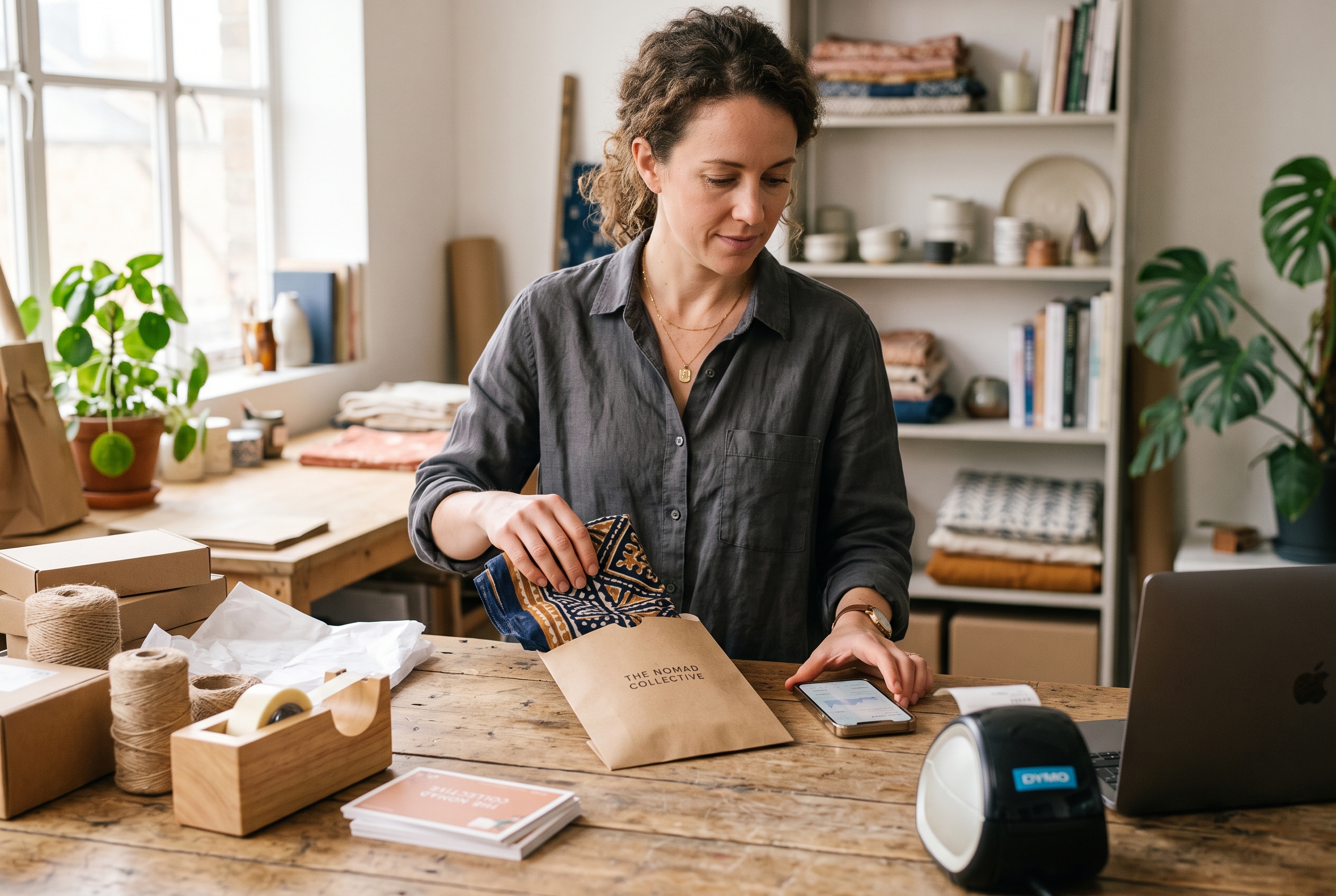 Boutique owner packing a small order into a mailer on a workbench while checking a phone for sales