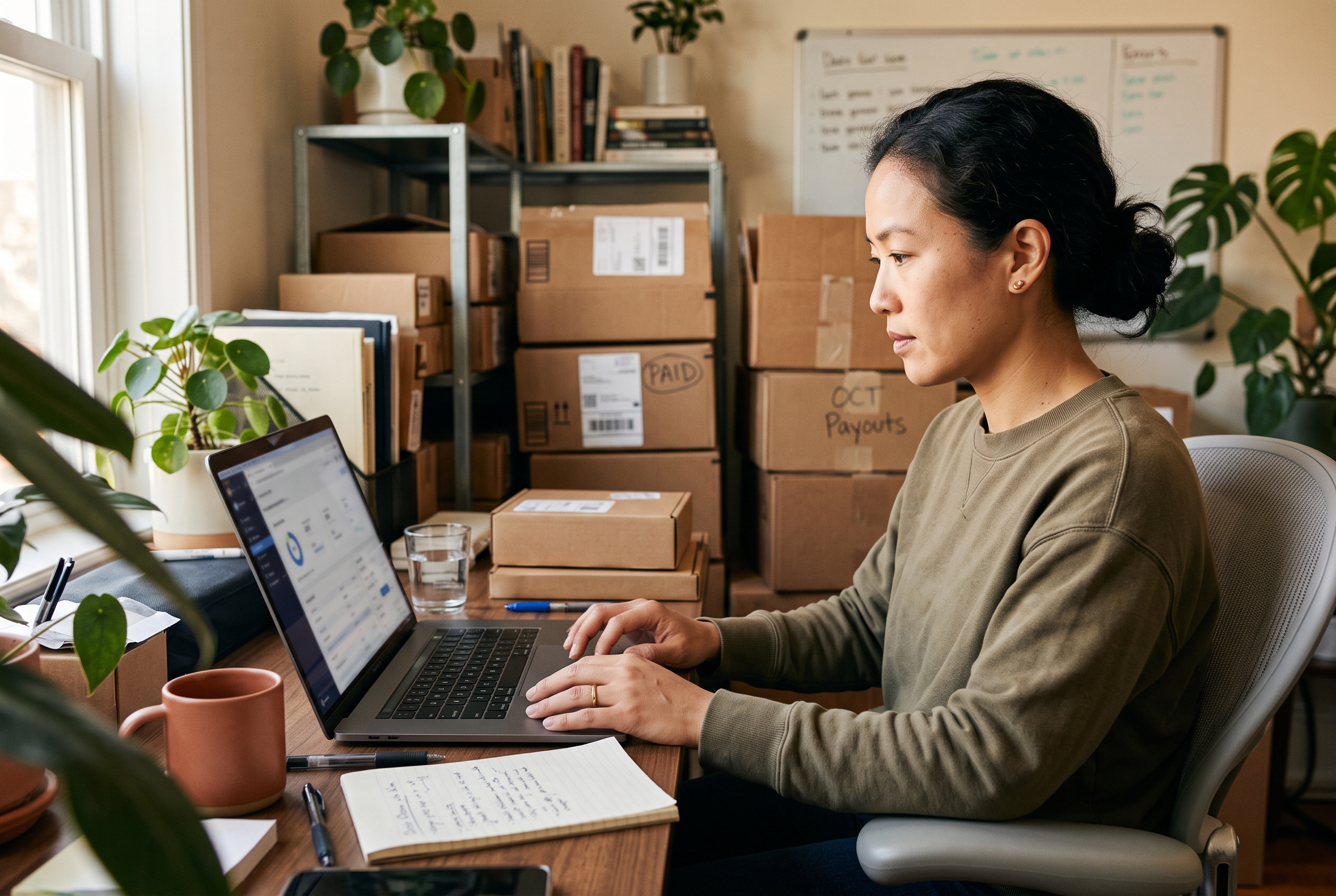Founder reviewing a monthly payout report on a laptop in a small home office with shipping boxes stacked behind