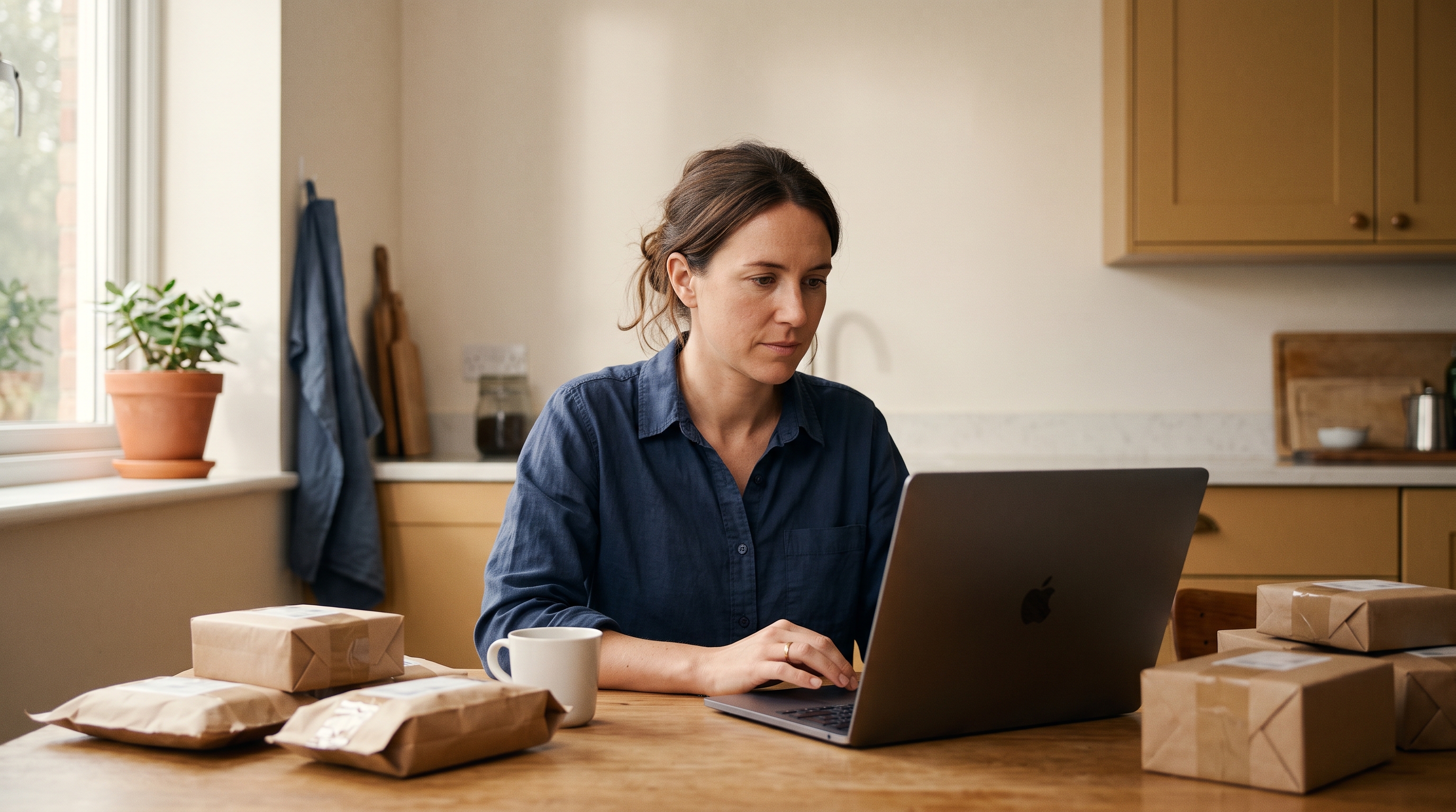 Online store owner comparing payment payout reports on a laptop at a kitchen table with packed parcels nearby