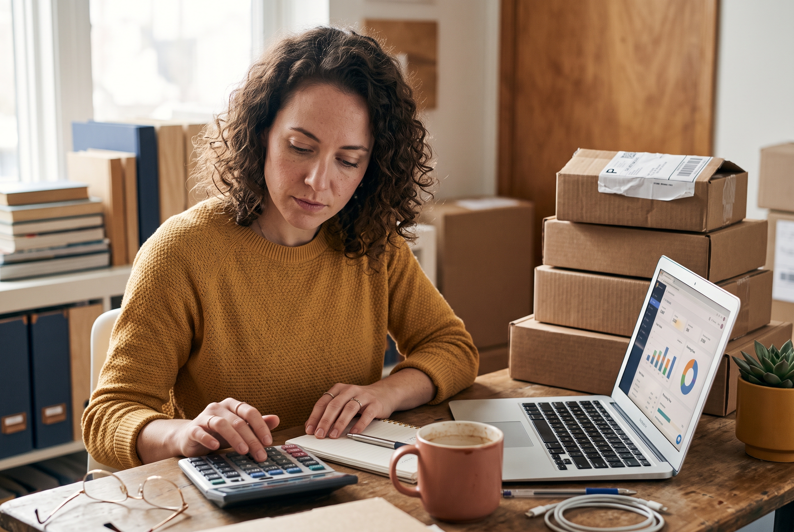 Small business owner calculating transaction fees on a calculator beside a laptop and a stack of shipping boxes