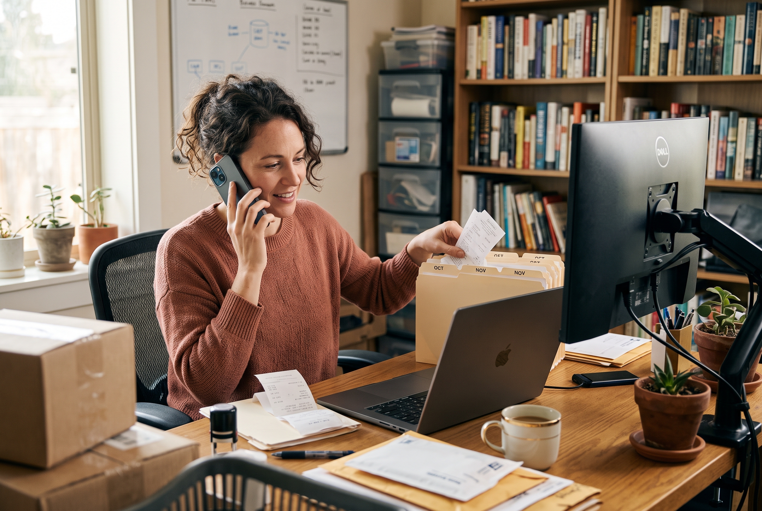 Merchant on the phone with a laptop open at a home office desk, sorting shipping receipts into folders