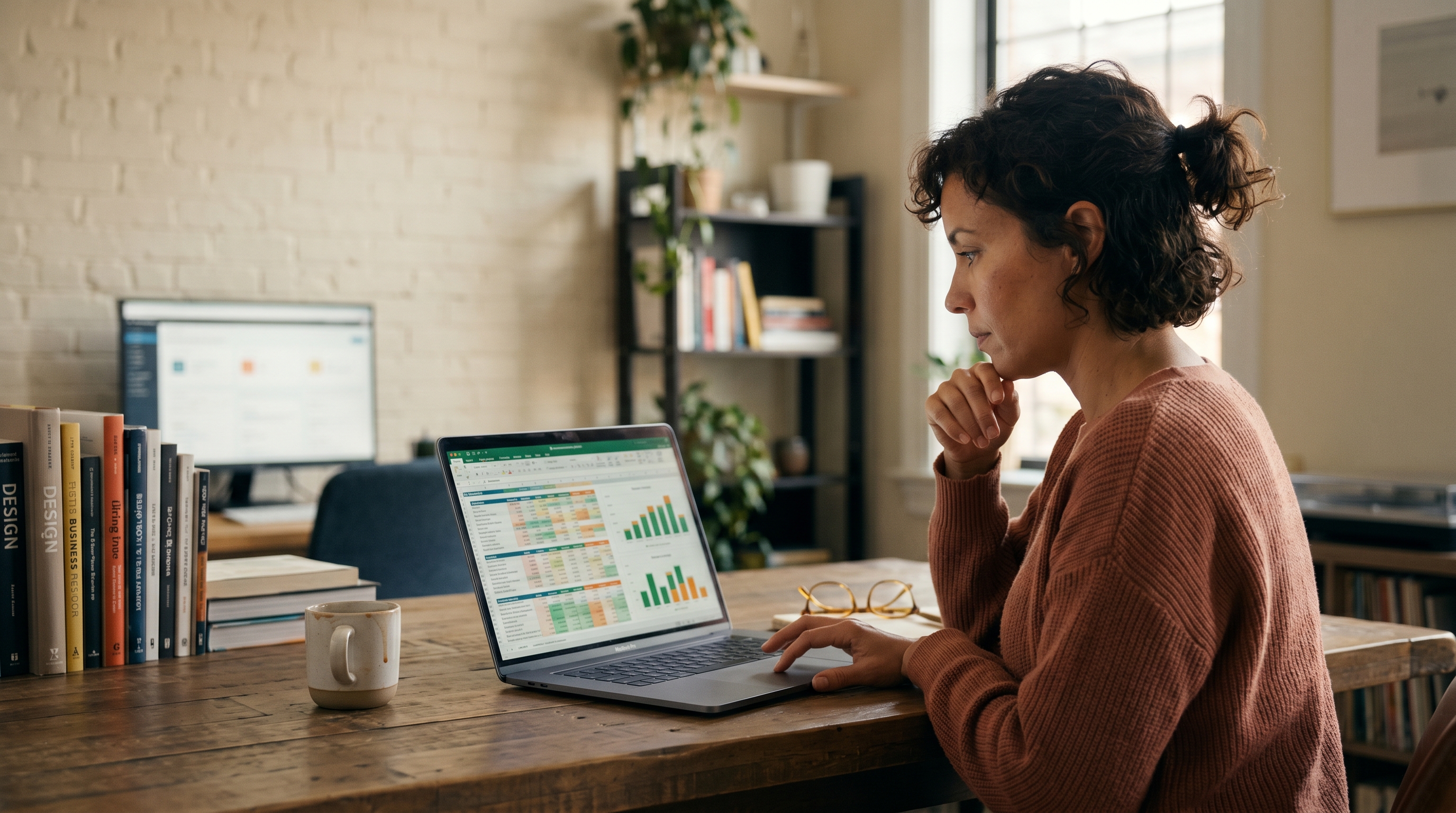 E-commerce business owner reviewing a detailed financial spreadsheet of monthly platform costs on a laptop