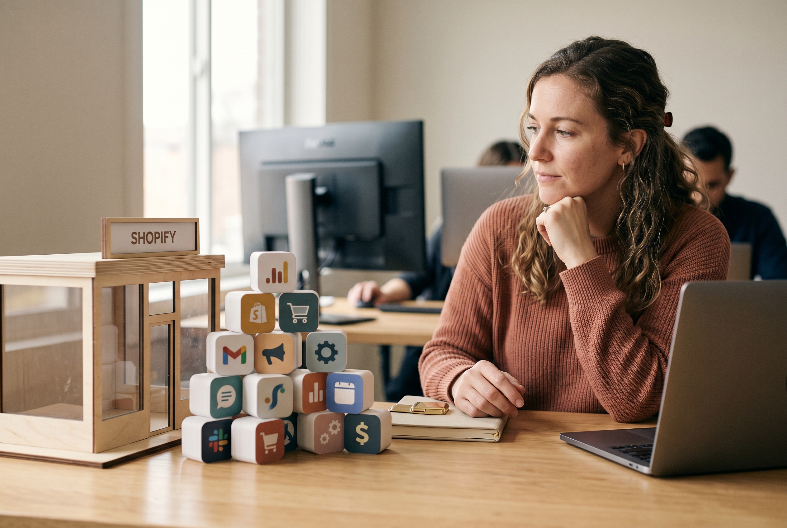 A growing stack of software subscription icons piling up next to a Shopify storefront, representing app cost accumulation